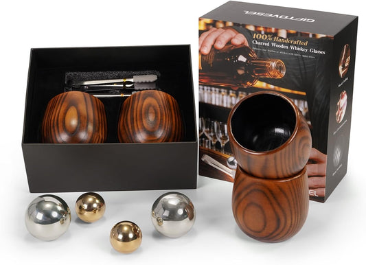 Charred Wooden Bourbon Drinking Glass Set with Whiskey Ice Stones & Tongs, 2 Pack 10oz Old Fashioned Whiskey Glasses, Perfect Presents for Boyfriend Father Friends