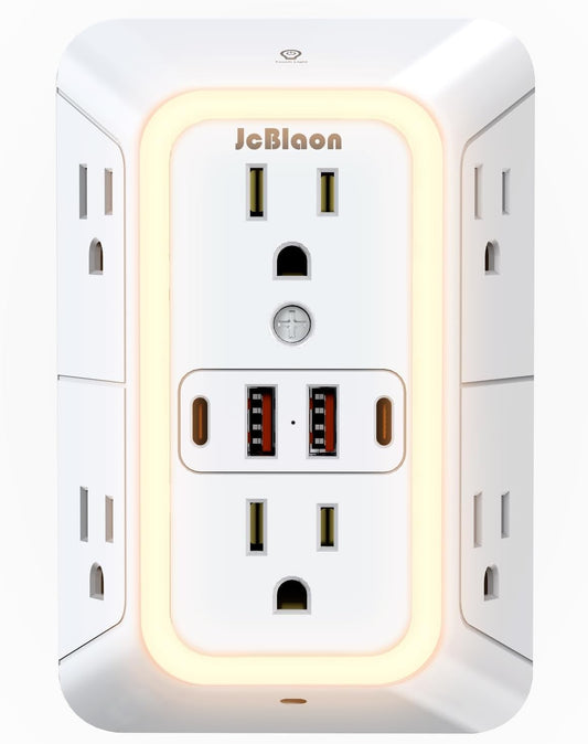 Wall Outlet Extender with Night Light, Power Plug Adapter 6 Outlet Extender with 4 USB Charging Ports 1050J Power Strip Multi Plug Adapter Spaced for Home Travel Office (2A2C)