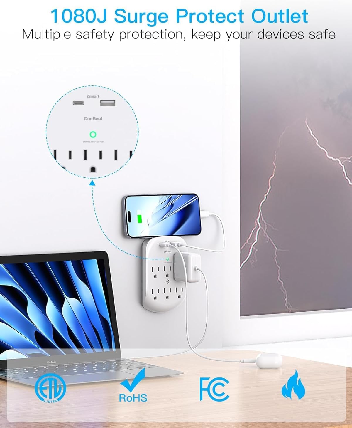 2 Pack 6-Outlet Wall Surge Protector, Multi Plug Outlet Extender, Outlet Wall Mount Adapter with 2 USB Charging Ports 2.4 A, 490 Joules for Home, School, Office
