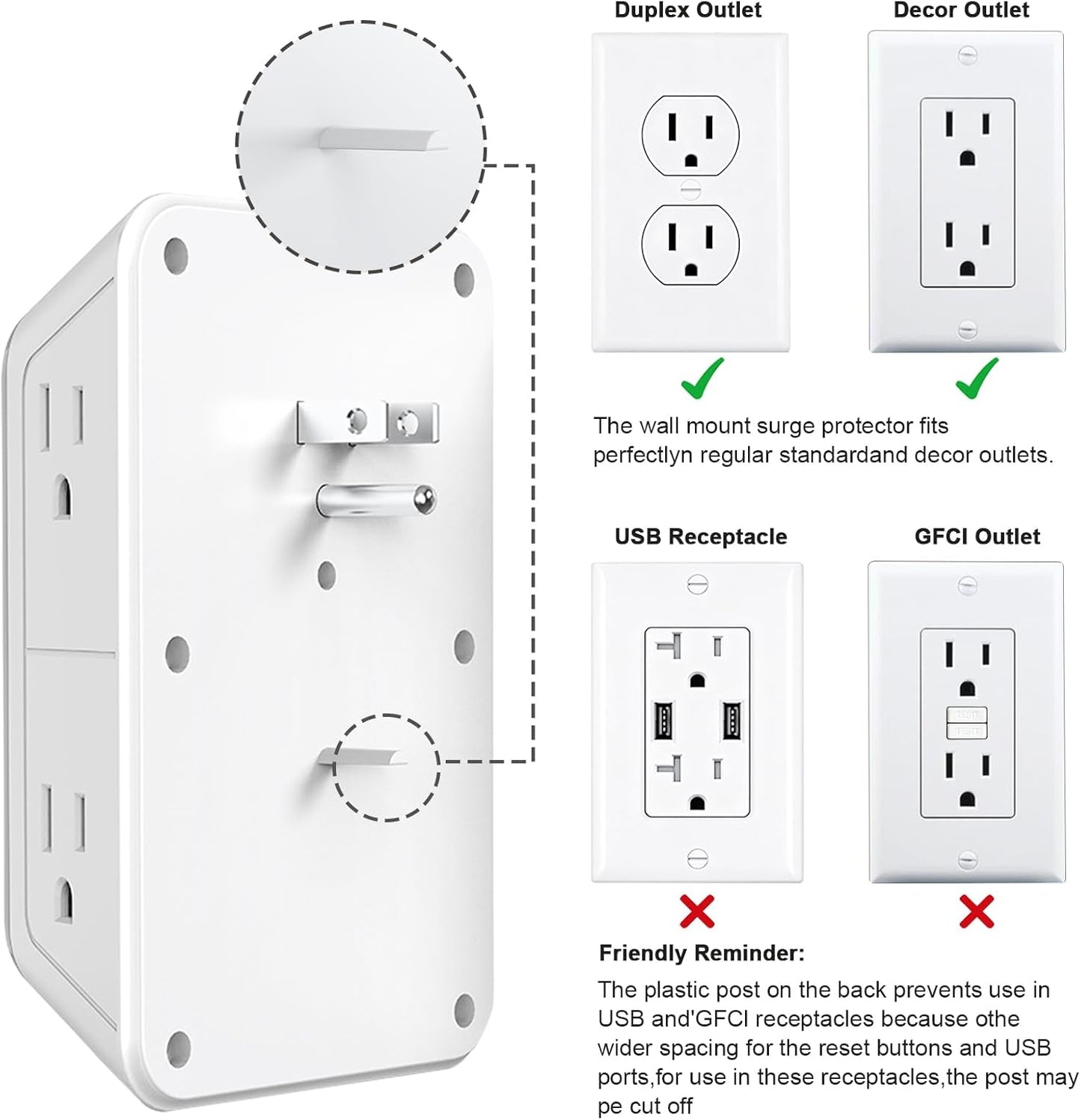 JcBlaon Outlet Extender Surge Protector - 6 Outlet Splitter with 4 USB Ports (2 USB C), Multiple Plug Expander Wall Charger, 3 Sided Multi Plug Wall Adapter Power Strip for Home Office Kitchen Travel