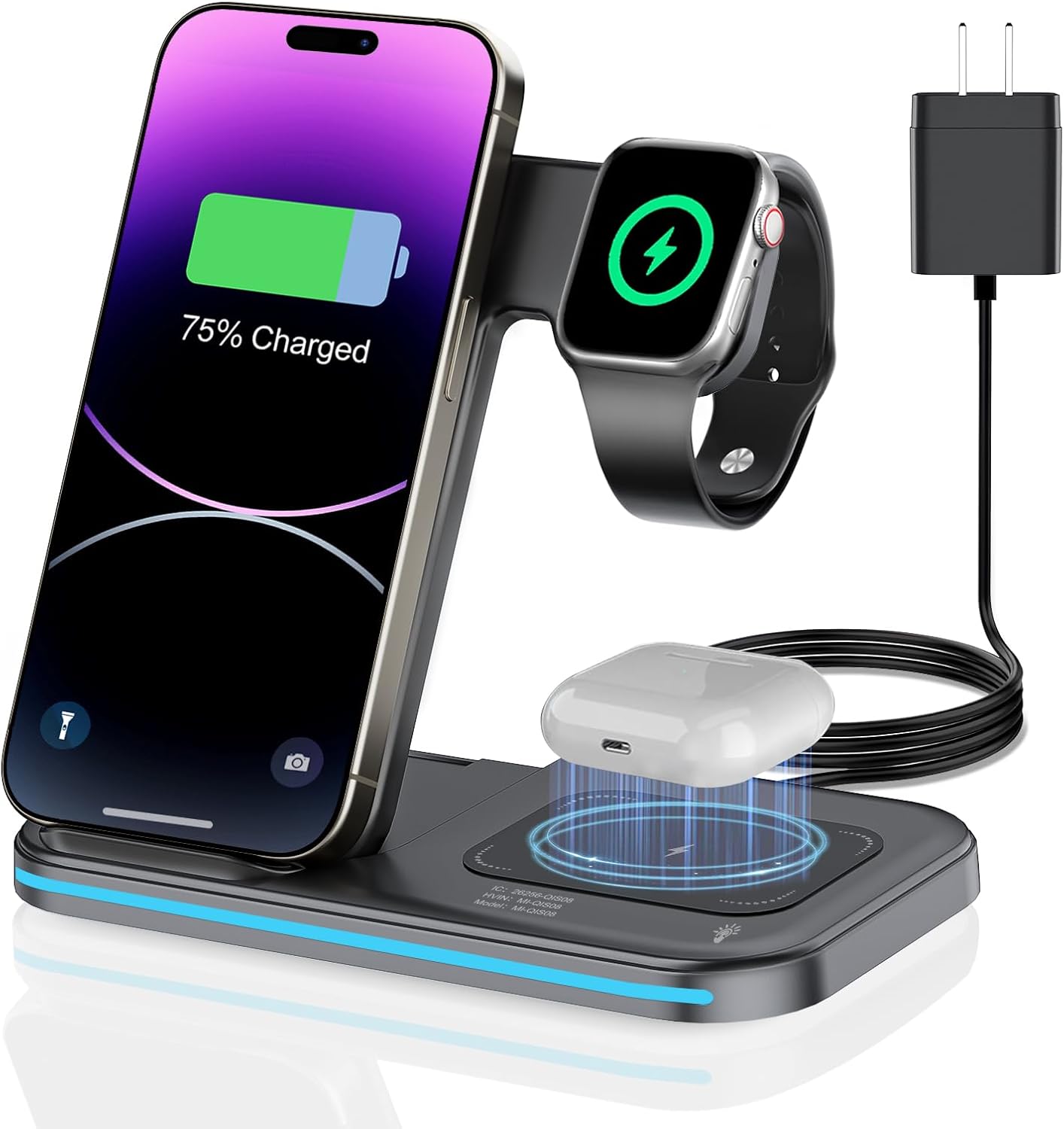 Wireless Charger, 3 in 1 Charging Station, Fast Charging Station Foldable Charging Stand, Wireless Charging Station for Multiple Devices, Compatible with lPhone 17/16/15/14/13 Pro Max Airpods Watch