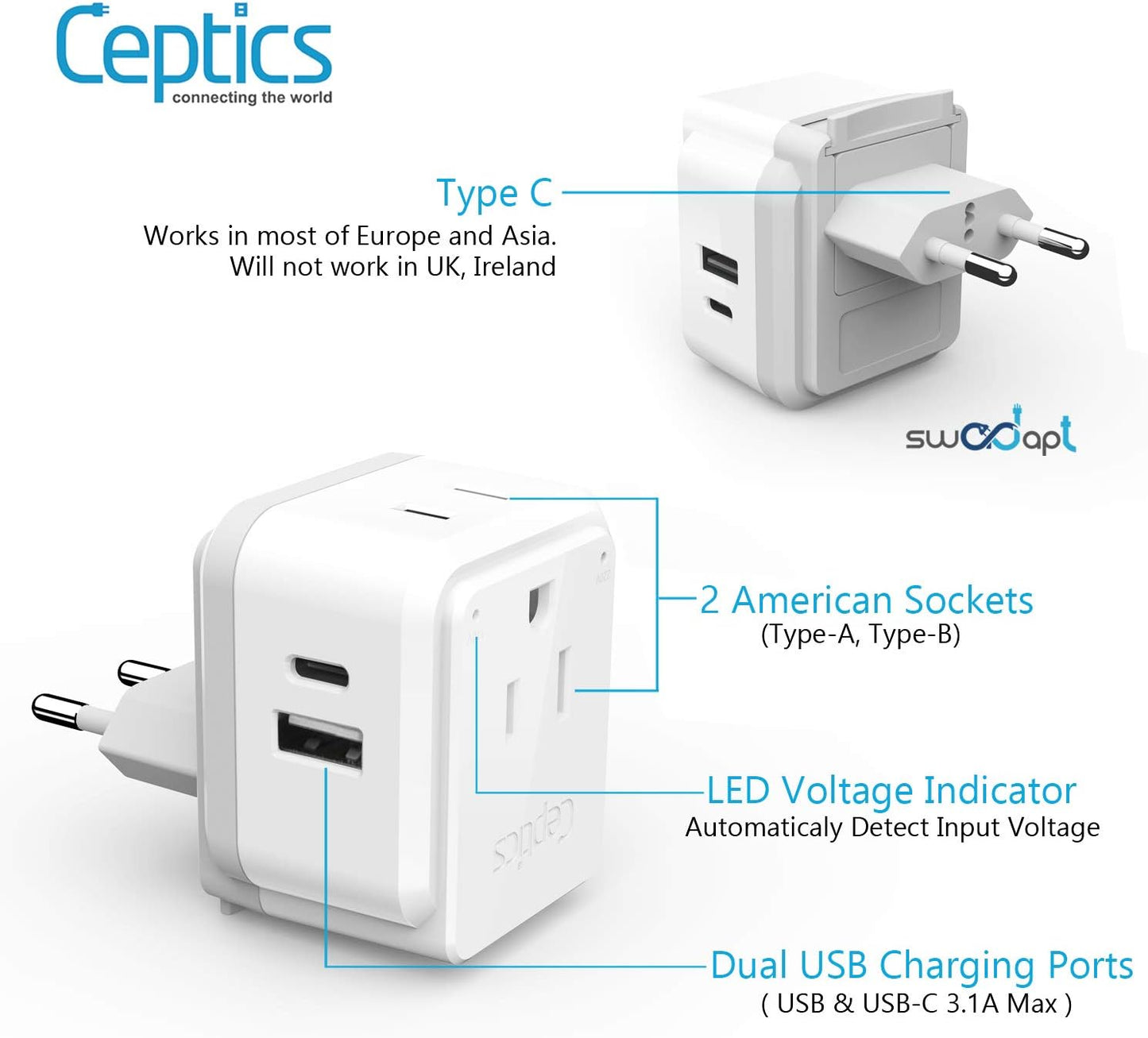 Ceptics International Travel Plug Adapter Set (Type A, B, C, D, E/F, G, H, I, J, K, L, M, N) - 4 in 1 - 2 Canadian Socket - 1 USB & 1 USB-C (3.1A) - Compact & Powerful (PAK-ALL)