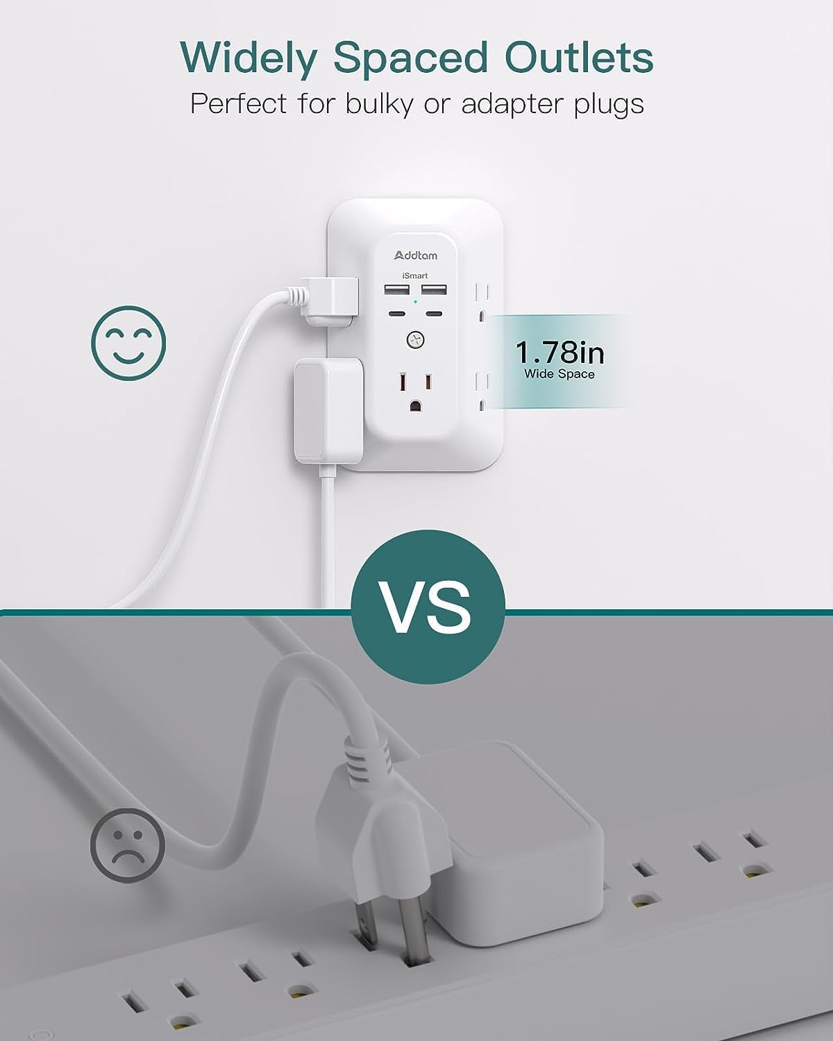 Power Bar, USB Wall Charger Surge Protector 5 Outlet Extender with 4 USB Charging Ports (2 USB C), Multi Plug Outlet, 3-Sided 1800J Power Strip Outlets Splitter Wall Plug Adapter for Home Office Dorm