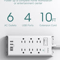 Power Strip Surge Protector - Addtam 10Ft Long Extension Cord with 6 Outlets and 4 USB Ports(2USB C), Flat Plug Overload Surge Protection Outlet Strip, Wall Mount for Home, Office and More