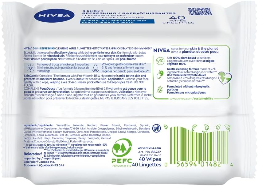 NIVEA 3-in-1 Biodegradable Face Cleansing & Make-up Removing Wipes for Normal Skin, 40 Wipes