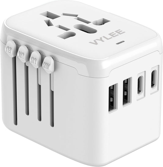 VYLEE Universal International Power Travel Plug Adapter, 5 in 1 European Travel Plug Adapter W/ 3.5A 2xUSB-A and 2xUSB C Wall Charger and Worldwide AC Outlet for Europe USA UK AUS Asia (White)