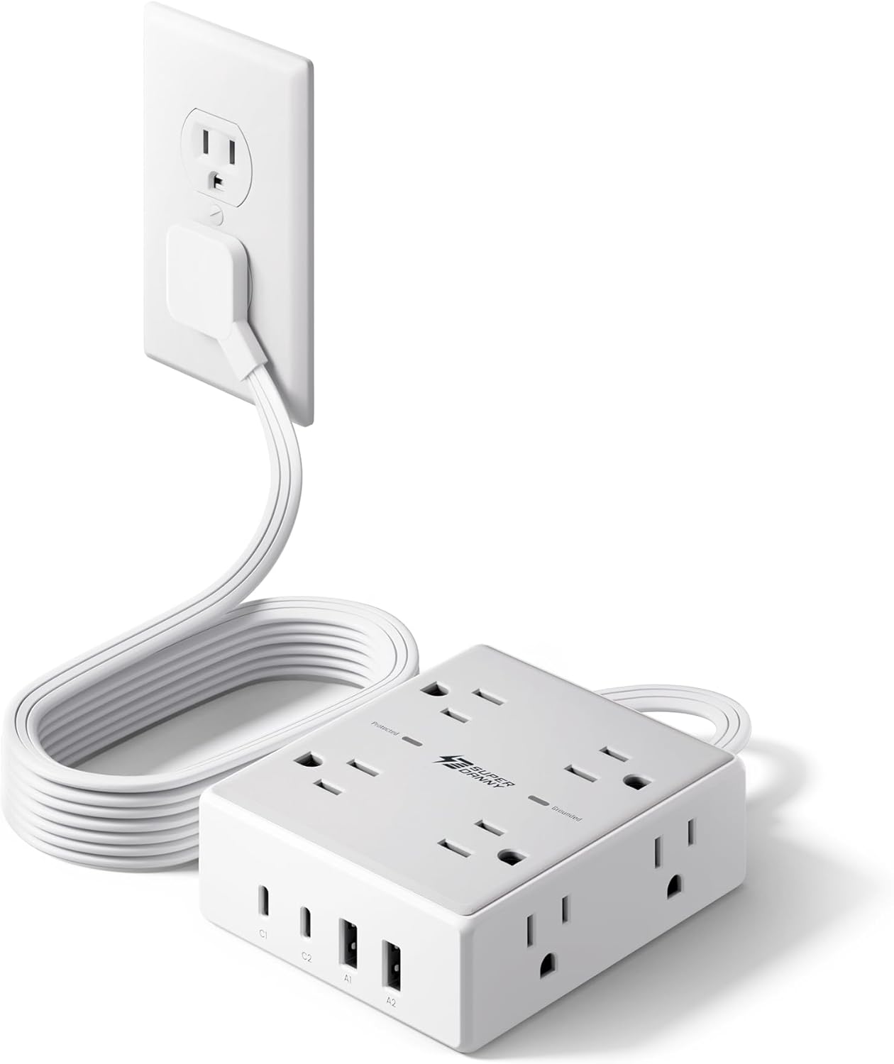 Surge Protector Power Bar, SUPERDANNY 6 Ft Extension Cord with 8 Outlets & 4USB Ports (2 USB 2 C), Mountable Flat Plug Power Strip, Surge Protection for Home, Office, Dorm