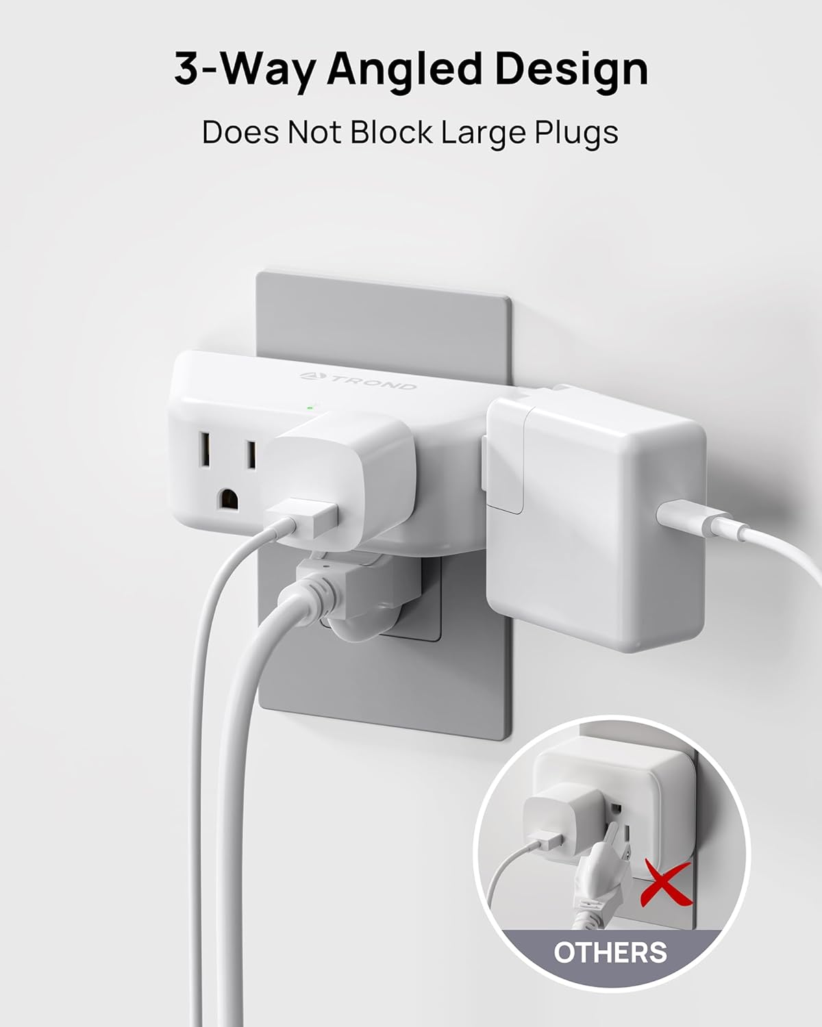 TROND Multi Plug Outlet Extender with Surge Protector, 3 Way Angled Wall Adapter with 4 Outlets, Electrical Wall Splitter, Multiple Plug Expander for Home Office Dorm Room Travel Essentials, White