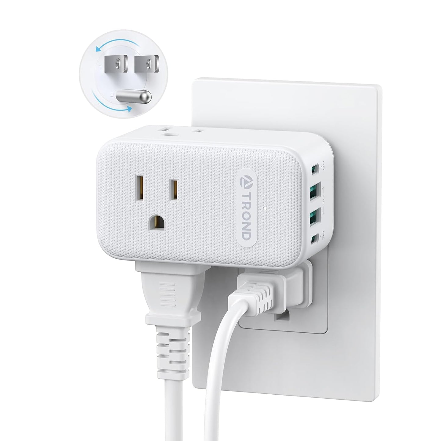 TROND 360° Rotating Multi Plug Outlet Extender, 2 PD 20W USB C Fast Charging Station, Small Power Splitter with 3 Way Sided Wall Socket Adapter for Home Office Dorm Room Cruise Travel Essentials