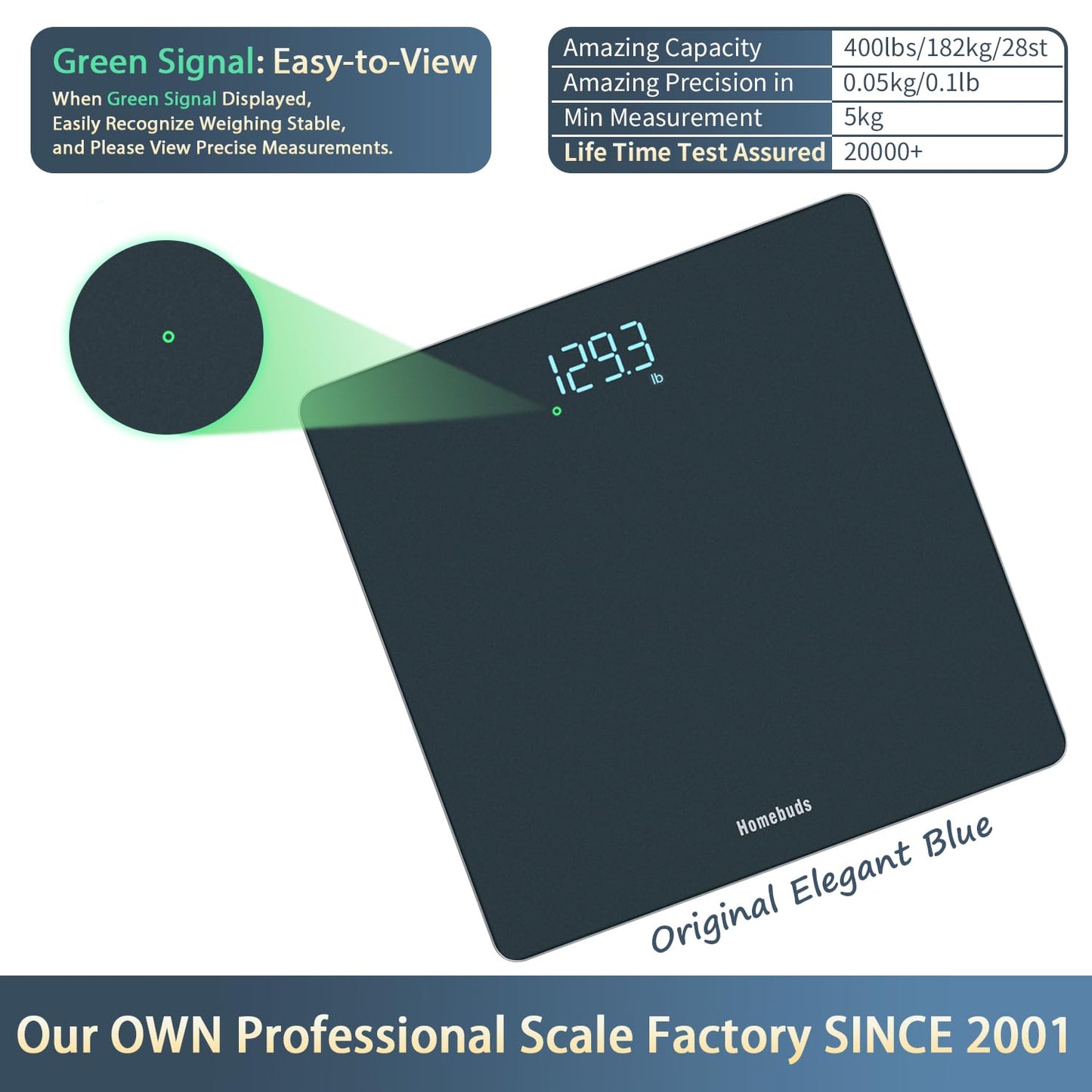 Homebuds Digital Weight Scale, High Precision in 0.1lb by Our Professional Scale Factory Since 2001, Scale Body Weight LED Display and Step-On, 3*AAA Batteries Included, 400lb/182kg, Blue