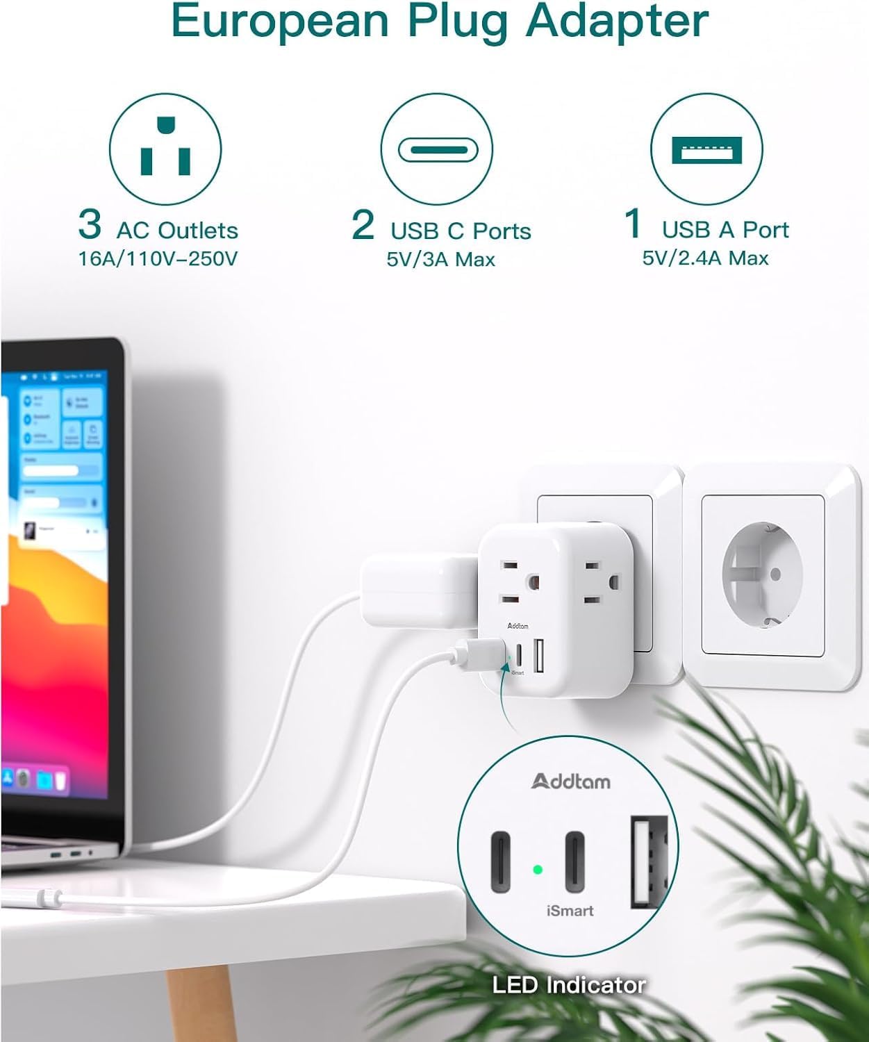 European Travel Plug Adapter, International Power Plug Adapter with 3 Outlets 3 USB Charging Ports(1 USB C), Travel Essentials to Italy,Greece,Israel,France, Spain (Type C)