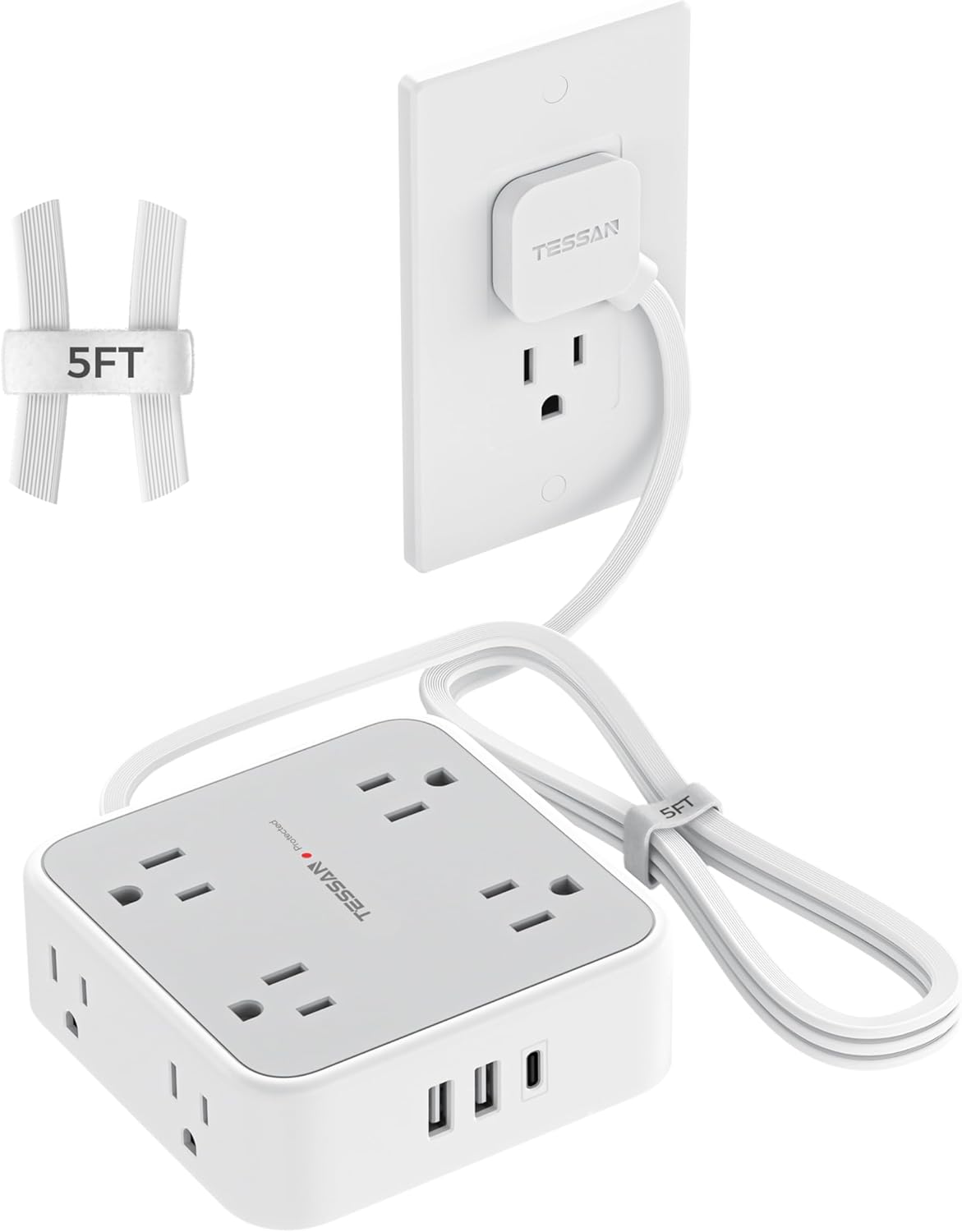 Flat Plug Power Bar, TESSAN 5 Ft Extension Cord Indoor with 8 Multi Outlets and 3 USB (1 USB C), Surge Protector Power Strip, Wall Mount Charging Station for Home Office Dorm, Gray