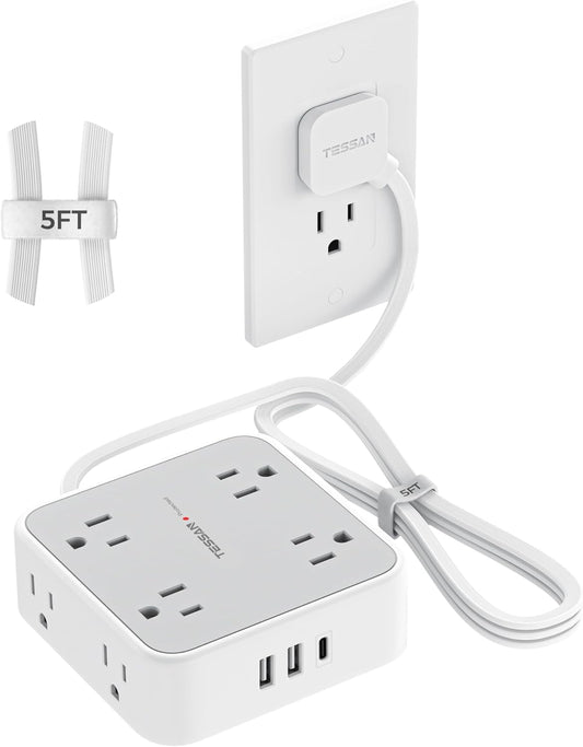 Flat Plug Power Bar, TESSAN 5 Ft Extension Cord Indoor with 8 Multi Outlets and 3 USB (1 USB C), Surge Protector Power Strip, Wall Mount Charging Station for Home Office Dorm, Gray