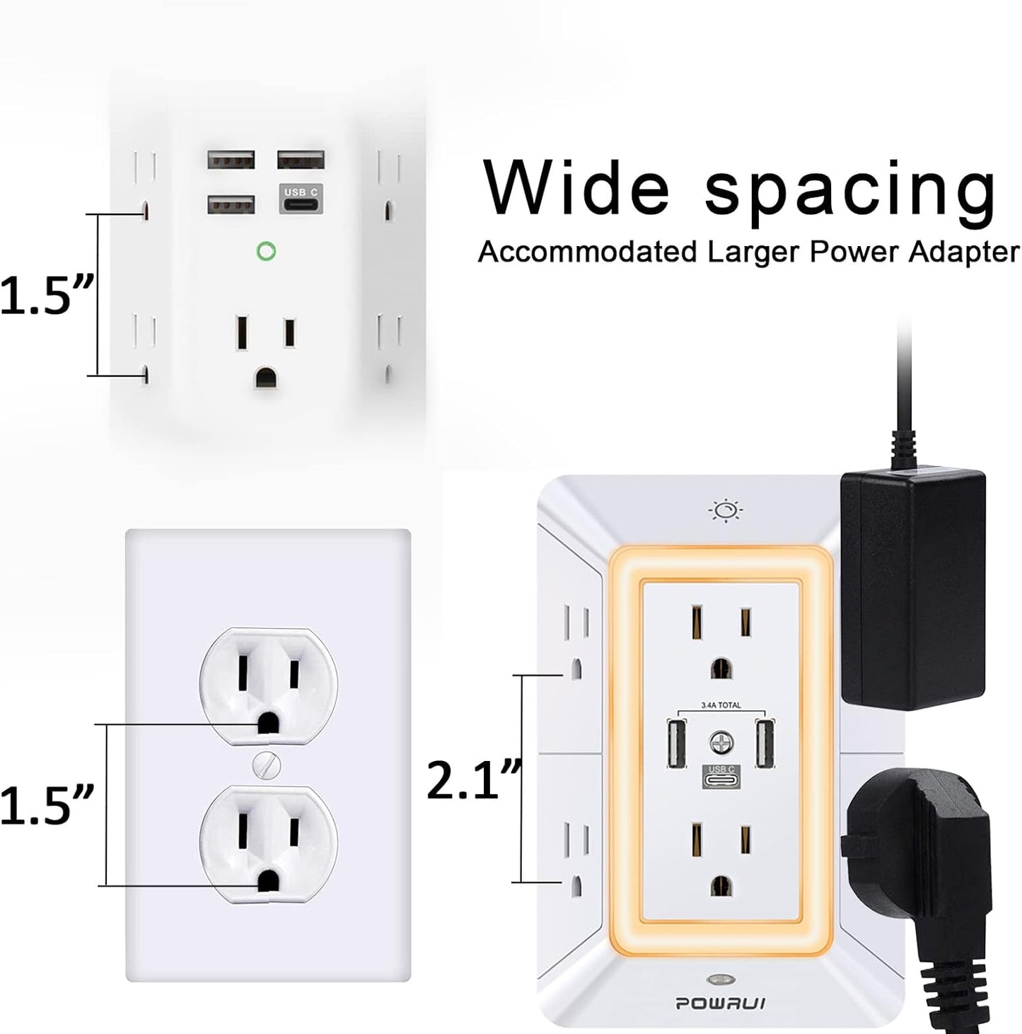 3-Sided Power Bars with Surge Protector, POWRUI 6-Outlet Extender with 3 USB Ports (1 USB C) and Night Light, Multi Plug Outlet and Spaced Outlets Adapter, ETL, White