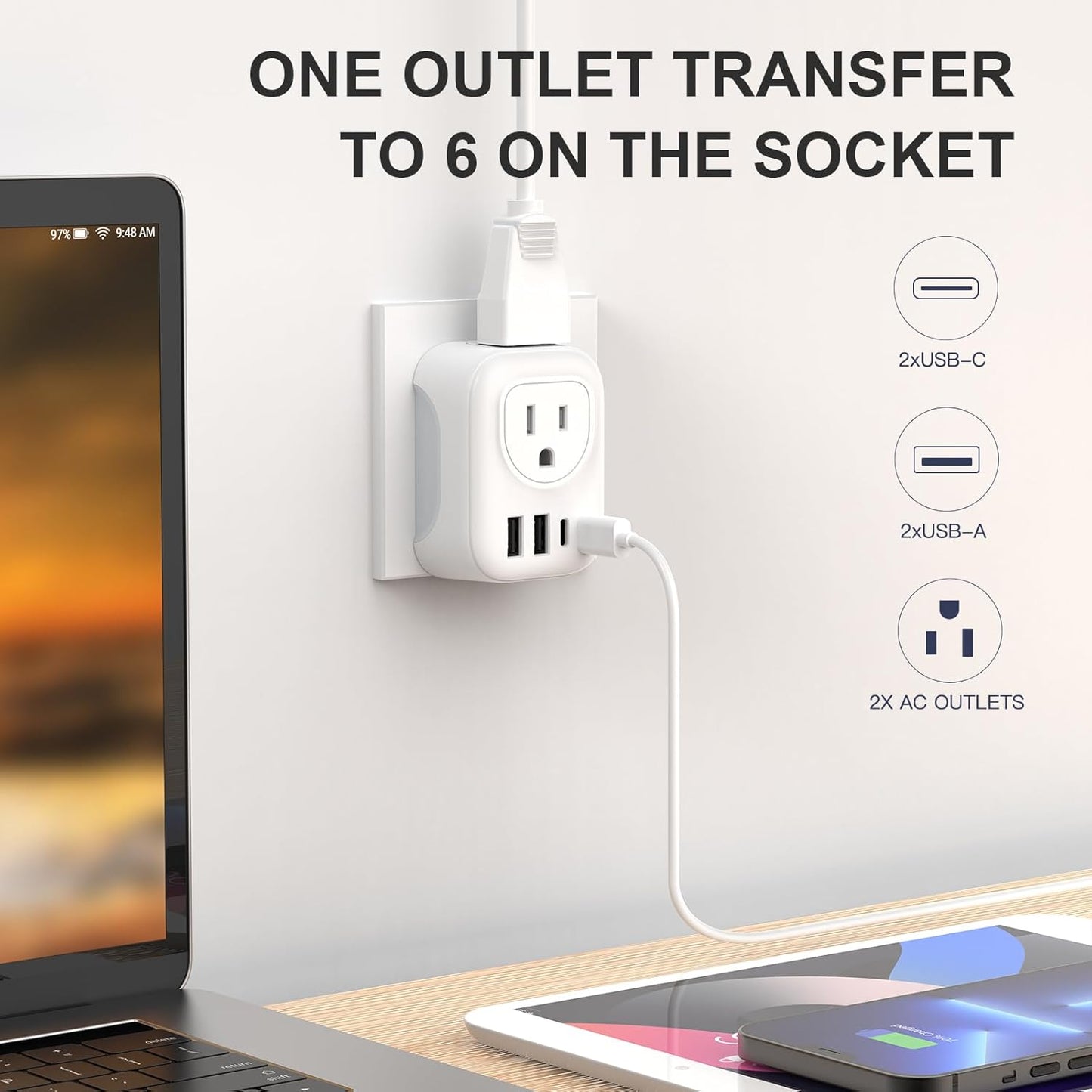 European Travel Plug Adapter, VYLEE PD 20W Type C Adapter with 4 AC Outlets 4 USB Ports(2 USB C), Travel Essentials Charger for US to Most of Europe EU Italy Spain France [1 Pack]