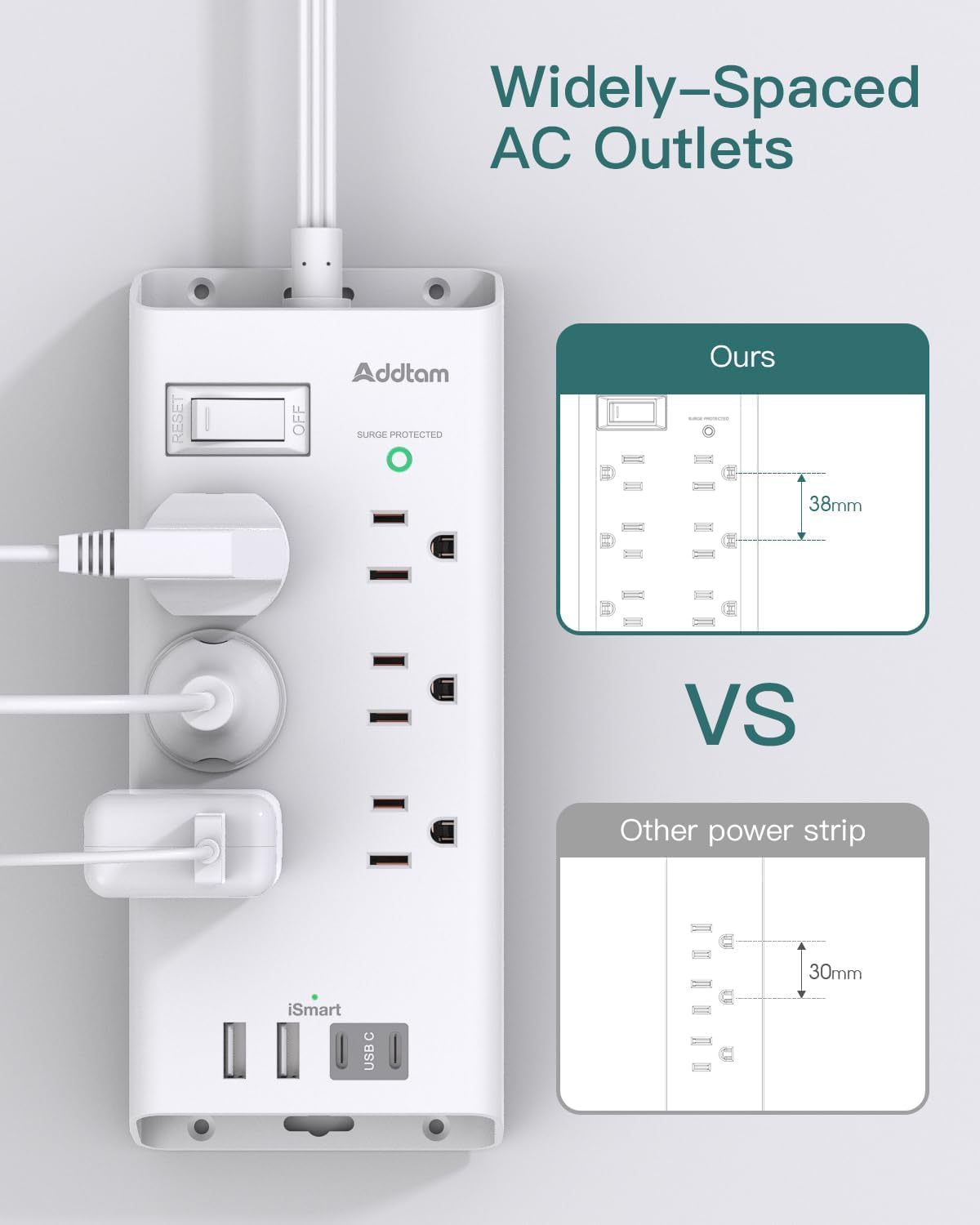 Power Strip Surge Protector - Addtam 10Ft Long Extension Cord with 6 Outlets and 4 USB Ports(2USB C), Flat Plug Overload Surge Protection Outlet Strip, Wall Mount for Home, Office and More