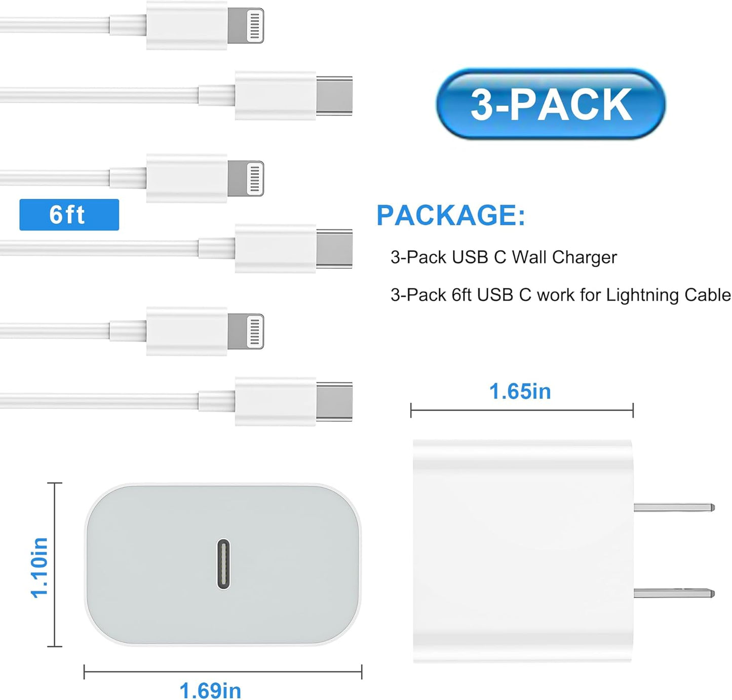 iPhone Charger Fast Charging【Apple MFi Certified】 3Pack USB-C Wall Charger Block with 6FT USB C to Lightning Cables for iPhone 14/14 Pro/14Pro Max/13/13 Pro/12/12 Pro/12 Pro Max/11/Xs Max/XR/X Type C