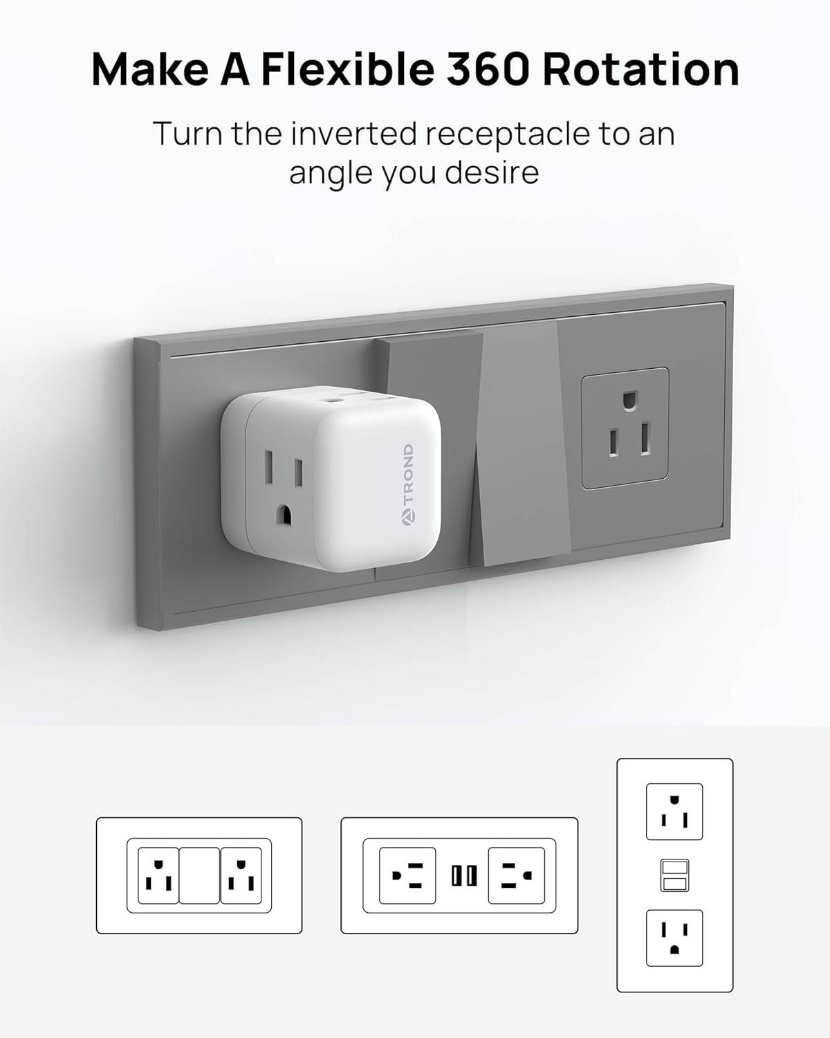 TROND Multi Plug Outlet Extender, 360° Rotating Plug Wall Adapter, 3 Way Outlet Splitter, 3-Sided Small Power Expander for Home Office Dorm Room, No Surge Protector for Cruise Travel Essentials, 1875W