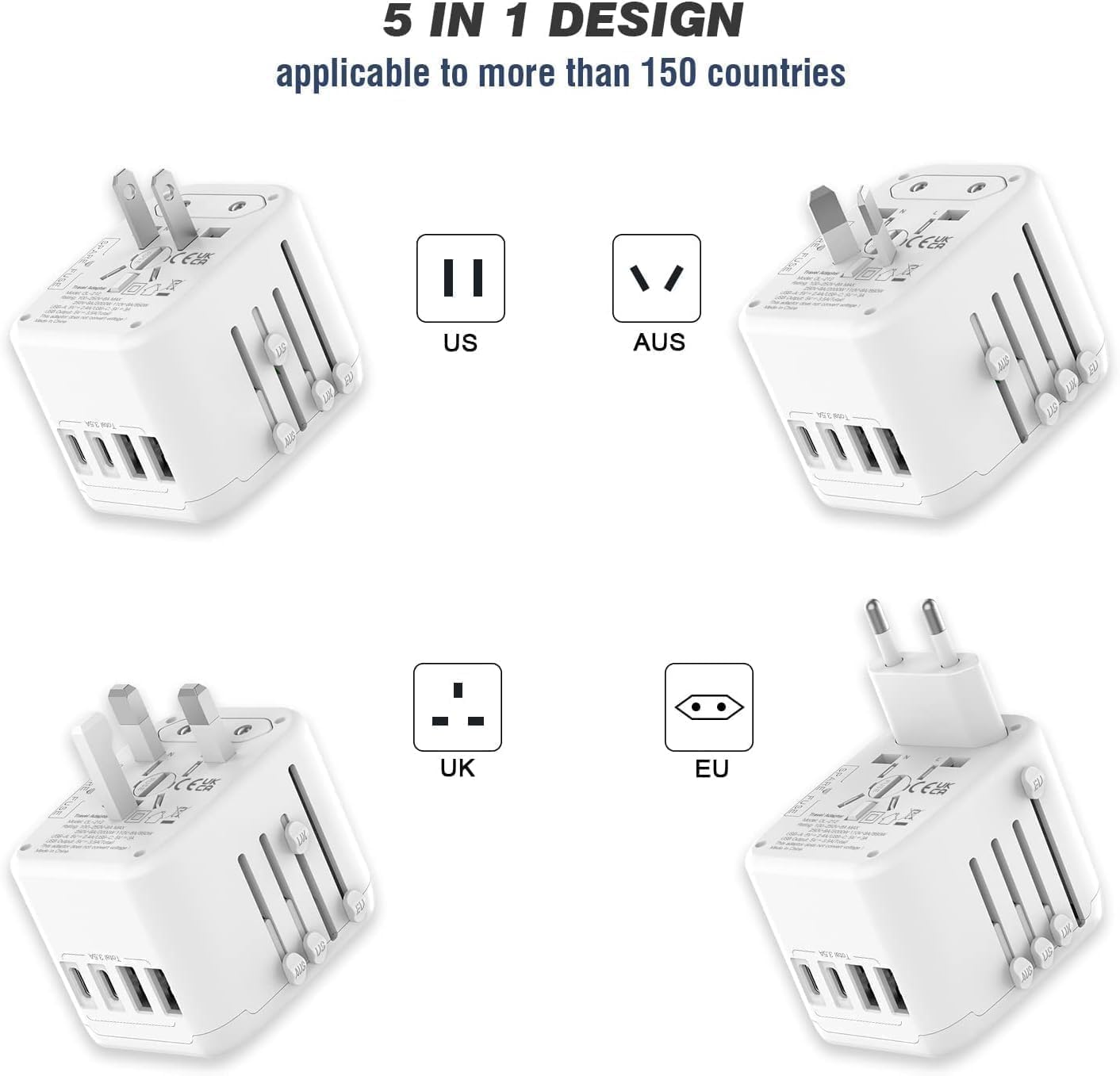 VYLEE Universal International Power Travel Plug Adapter, 5 in 1 European Travel Plug Adapter W/ 3.5A 2xUSB-A and 2xUSB C Wall Charger and Worldwide AC Outlet for Europe USA UK AUS Asia (White)