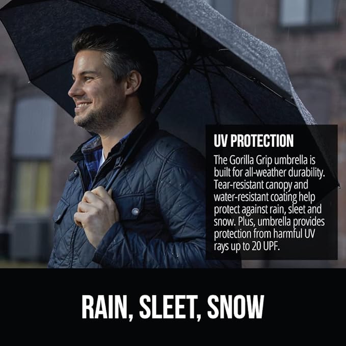 GORILLA GRIP Windproof Compact Stick Umbrella for Rain, One-Click Automatic Open and Close, Strong Reinforced Fiberglass Ribs, Easily Collapsible, Lightweight Portable Umbrellas for Travel