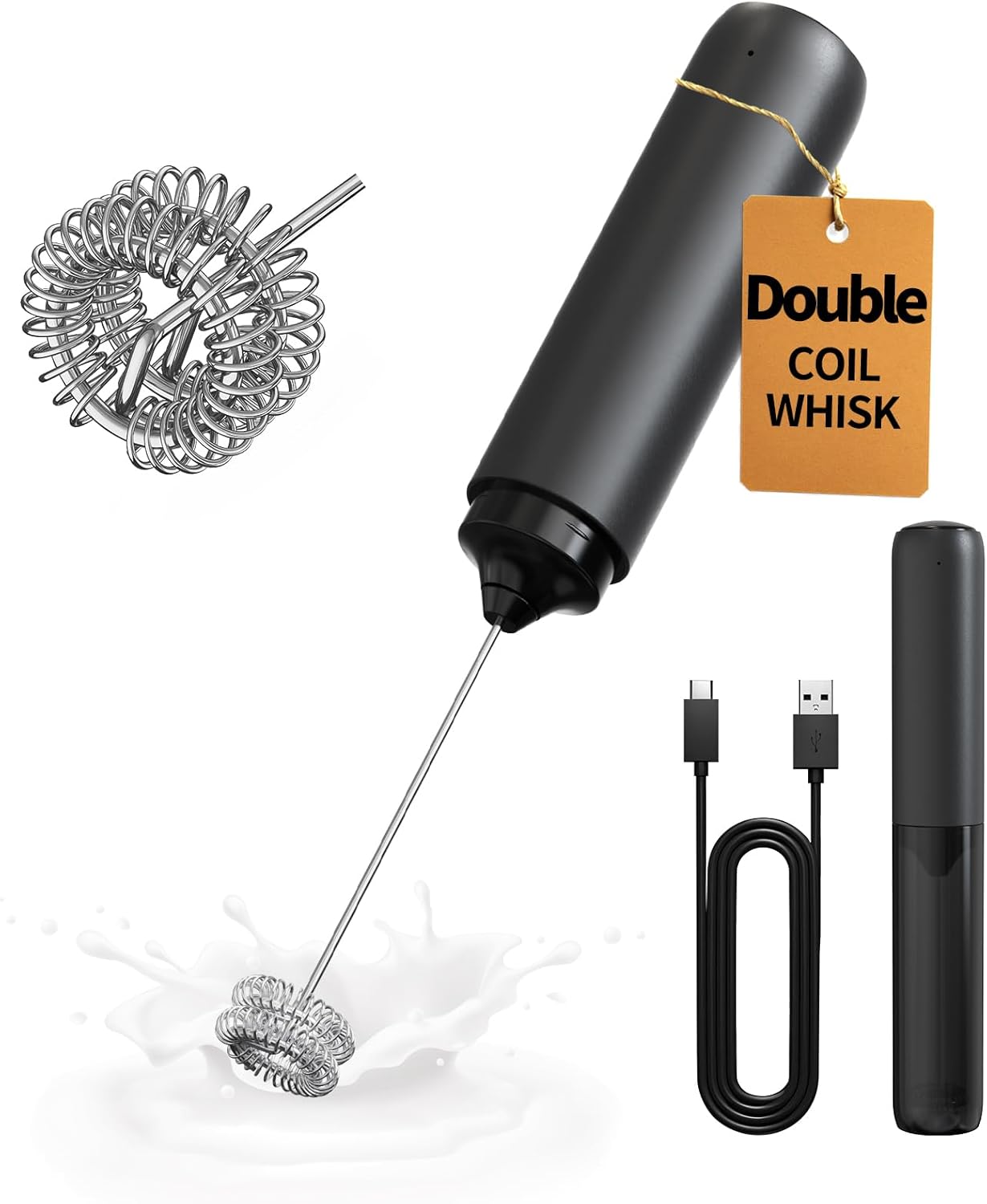 CIRCLE JOY Electric Milk Frother Handheld, Rechargeable Coffee Frother with Dual Spring Whisk, Portable Hand Frother Wand Drink Mixer for Coffee, Hot Chocolate, Cappuccino, Frappe, Matcha, Black