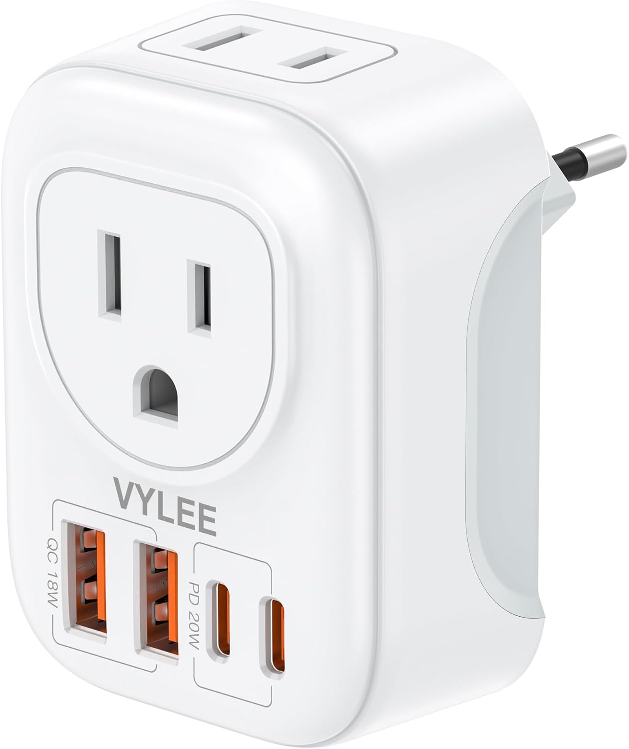 European Travel Plug Adapter, VYLEE PD 20W Type C Adapter with 4 AC Outlets 4 USB Ports(2 USB C), Travel Essentials Charger for US to Most of Europe EU Italy Spain France [1 Pack]