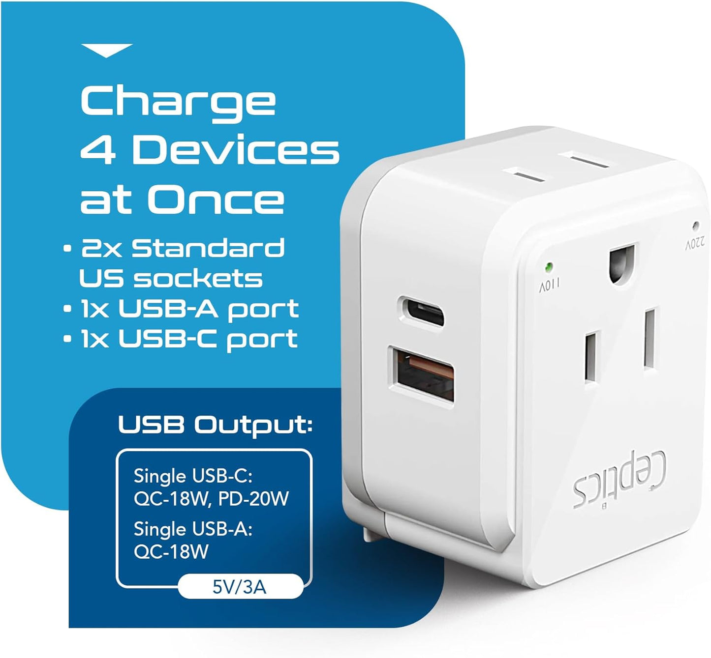 Ceptics International Travel Plug Adapter Set (Type A, B, C, D, E/F, G, H, I, J, K, L, M, N) - 4 in 1 - 2 Canadian Socket - 1 USB & 1 USB-C (3.1A) - Compact & Powerful (PAK-ALL)