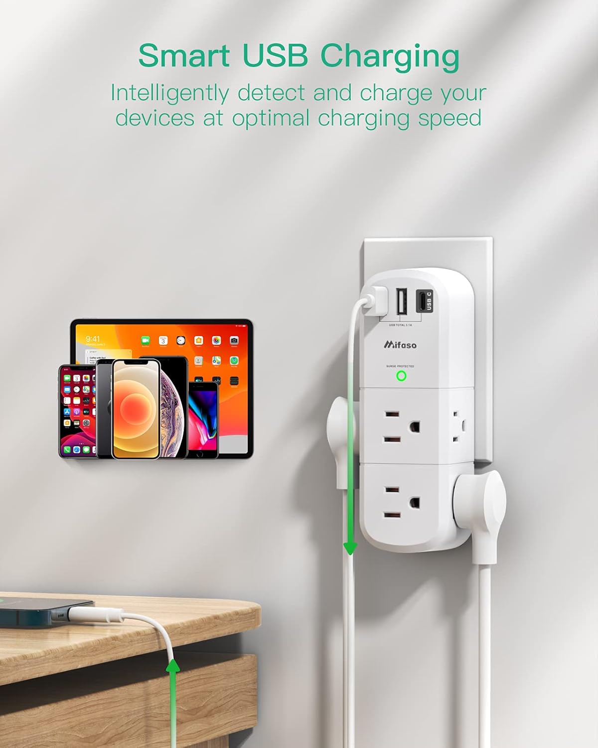 USB Outlet Extender Surge Protector - with Rotating Plug, 6 AC Multi Plug Outlet and 3 USB Ports (1 USB C), 3-Sided Swivel Power Strip with Spaced Outlet Splitter for Home, Office, Travel