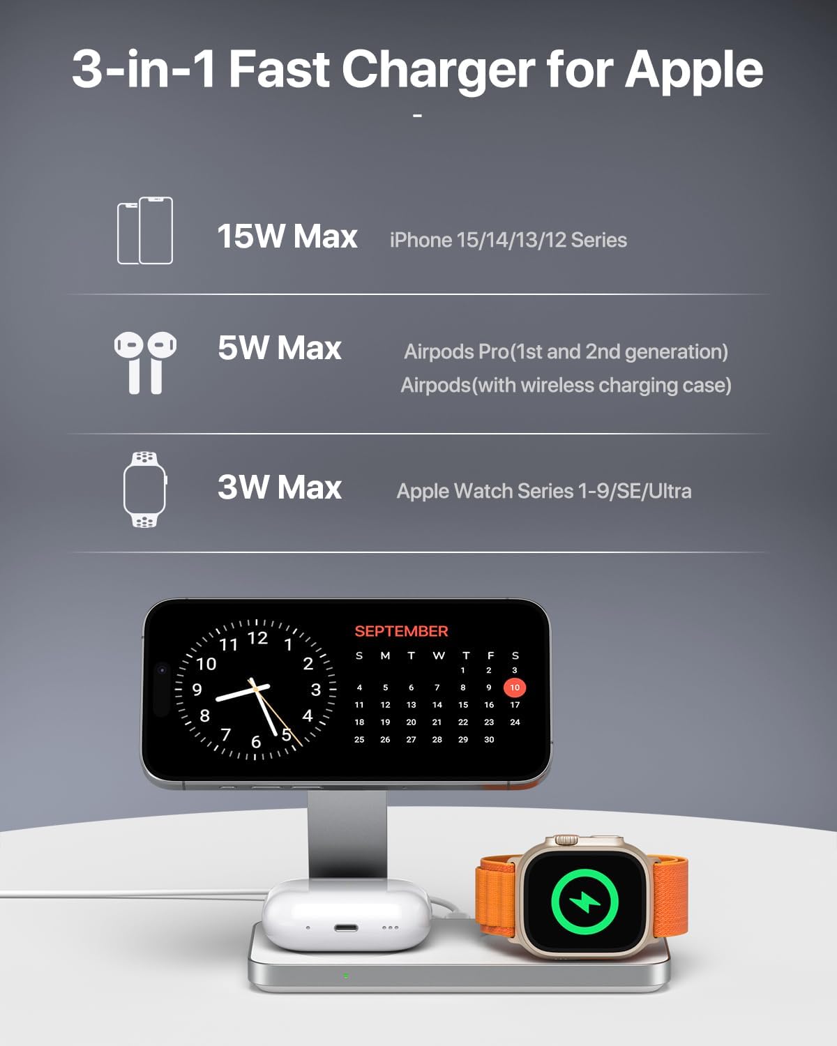 EXW Foldable 3 in 1 Wireless Charging Station for iPhone and Apple Watch,Compatible with Magsafe Charger Stand,Travel Bedside Fast Wireless Charger for iPhone 17e 17 Air 16 15 14 13 12 Series, Airpods