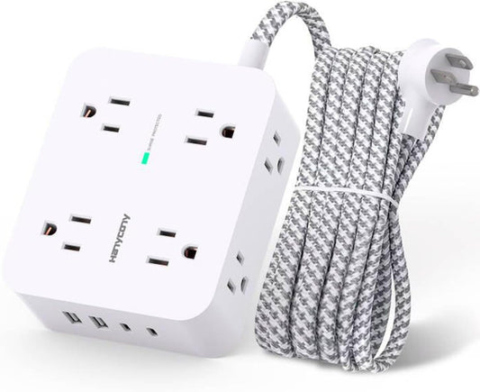 Surge Protector Power Bar - 8 Outlets 4 USB Charging Ports(2 USB C), Power Strip with 5Ft Braided Extension Cord, Flat Plug, Wall Mount Desk USB C Charging Station for Home Office College Essentials