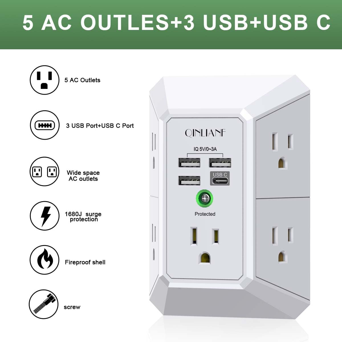 Wall Charger, Surge Protector, QINLIANF 5 Outlet Extender with 4 USB Charging Ports (4.8A Total) 3-Sided 1680J Power Strip Multi Plug Adapter Spaced for Home Travel Office (3U1C)