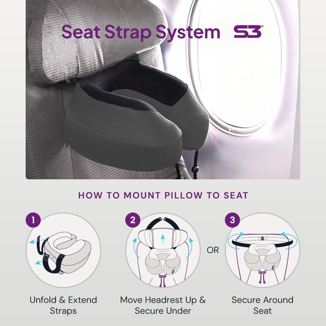 Cabeau Evolution S3 Travel Neck Pillow Memory Foam Neck Support, Adjustable Clasp, and Seat Strap Attachment - Comfort On-The-Go with Carrying Case for Airplane, Train, and Car (Jet Black)