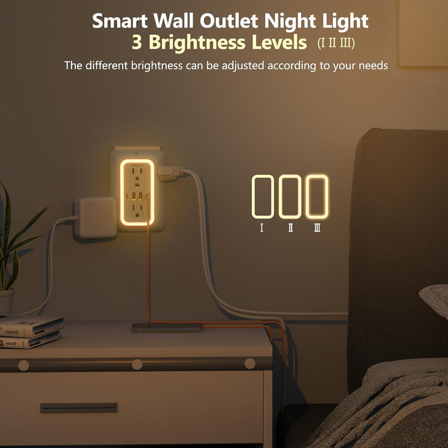 Wall Outlet Extender with Night Light, Power Plug Adapter 6 Outlet Extender with 4 USB Charging Ports 1050J Power Strip Multi Plug Adapter Spaced for Home Travel Office (2A2C)