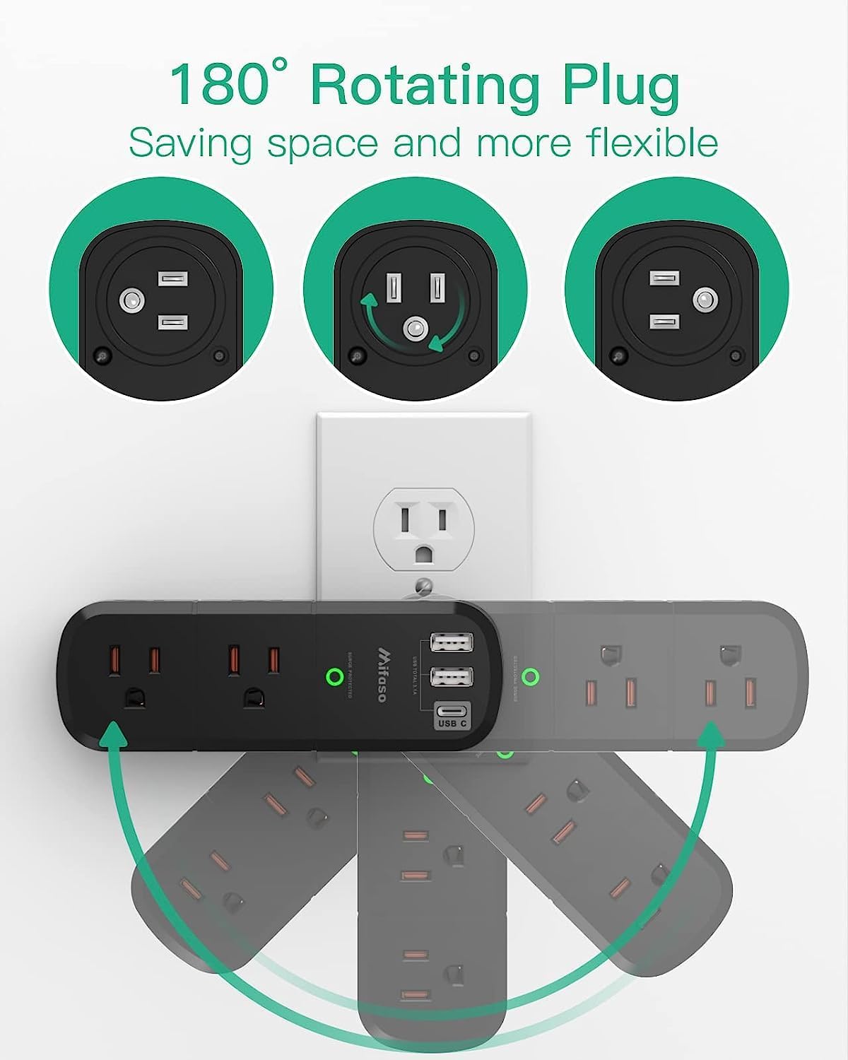 USB Outlet Extender Surge Protector - with Rotating Plug, 6 AC Multi Plug Outlet and 3 USB Ports (1 USB C), 3-Sided Swivel Power Strip with Spaced Outlet Splitter for Home, Office, Travel (Black)