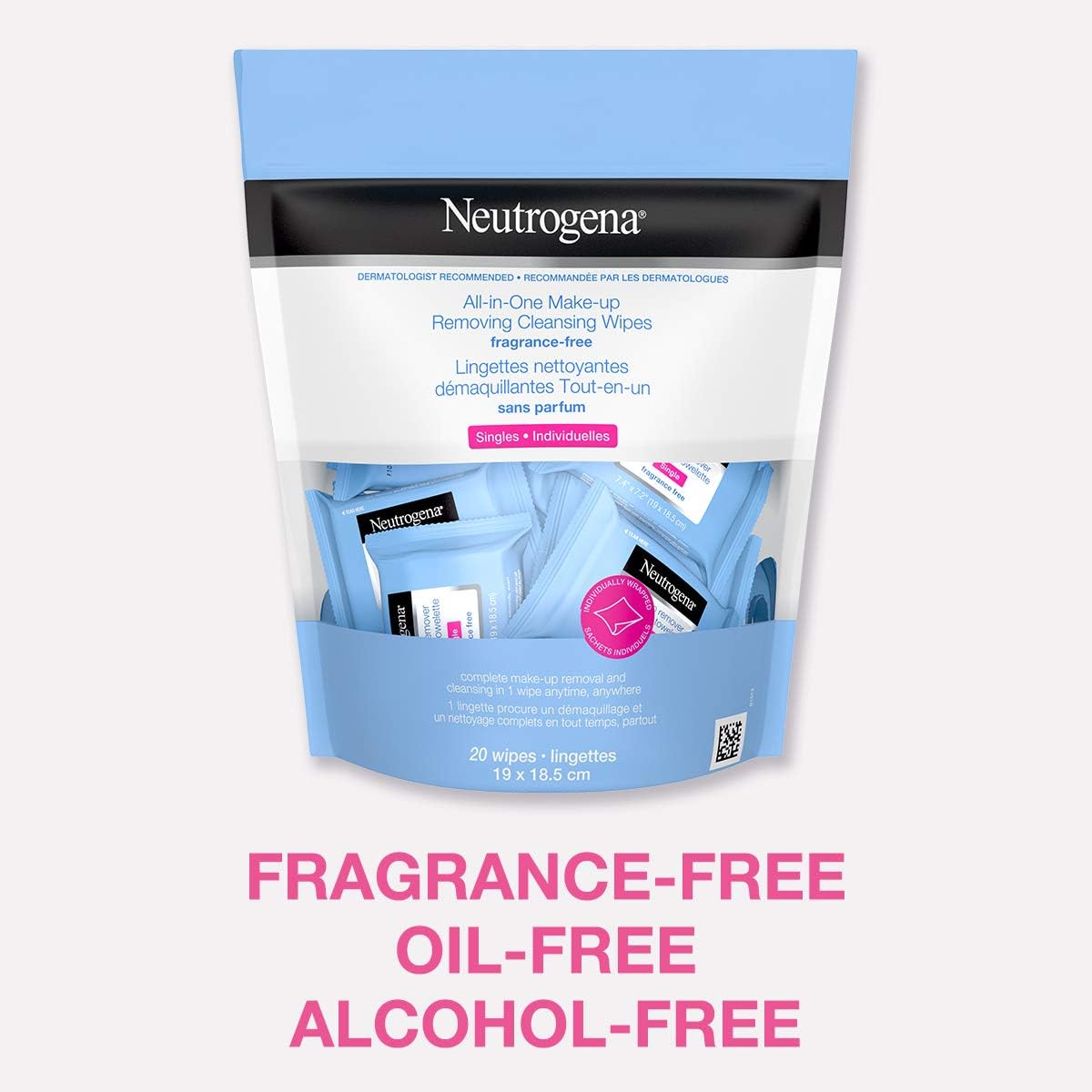 Neutrogena All-in-One Makeup Removing Cleansing Wipes, Waterproof Mascara Removal, Fragrance Free, Travel Pack, 20 Count