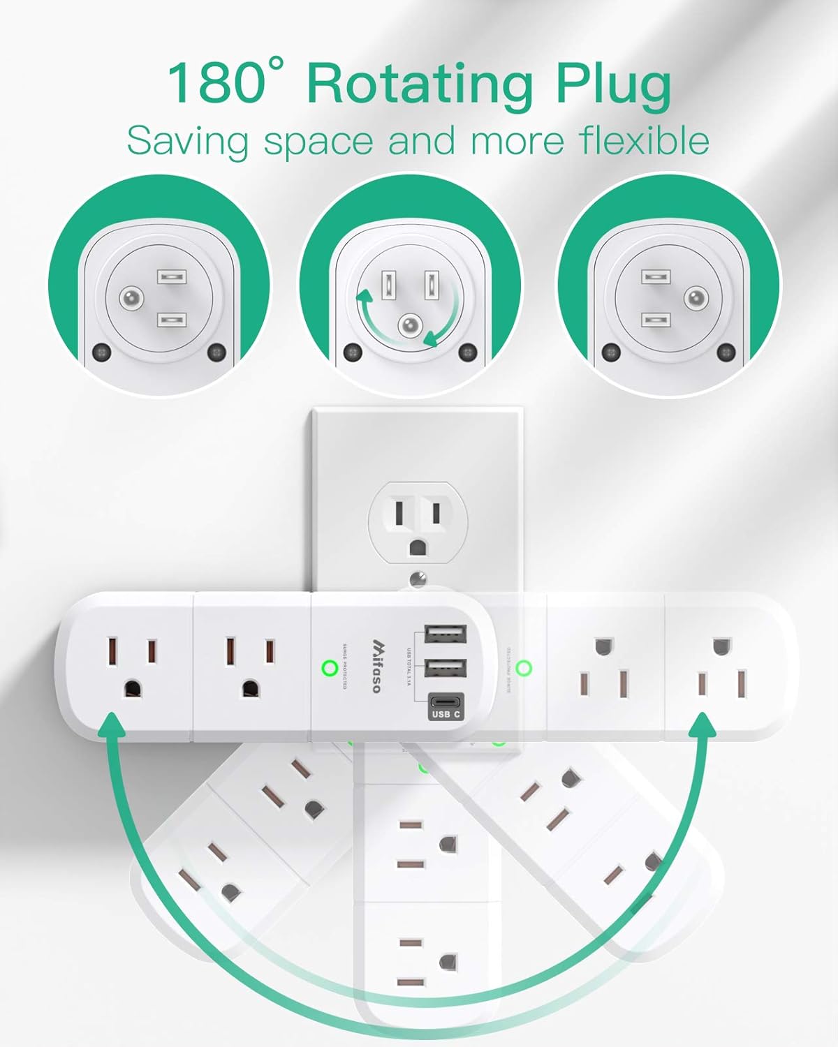USB Outlet Extender Surge Protector - with Rotating Plug, 6 AC Multi Plug Outlet and 3 USB Ports (1 USB C), 3-Sided Swivel Power Strip with Spaced Outlet Splitter for Home, Office, Travel