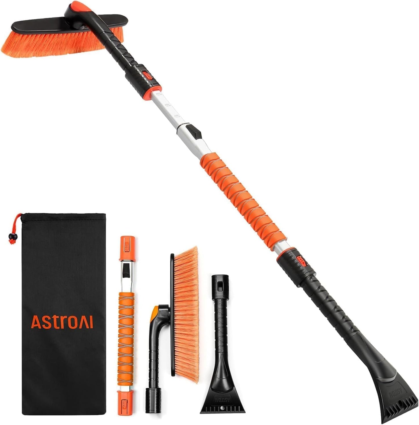 AstroAI 47.2" Extendable Snow Brush for Car Ice Scraper Windshield and Foam Grip with 360° Pivoting Brush Head for Car Auto Truck SUV (Orange)