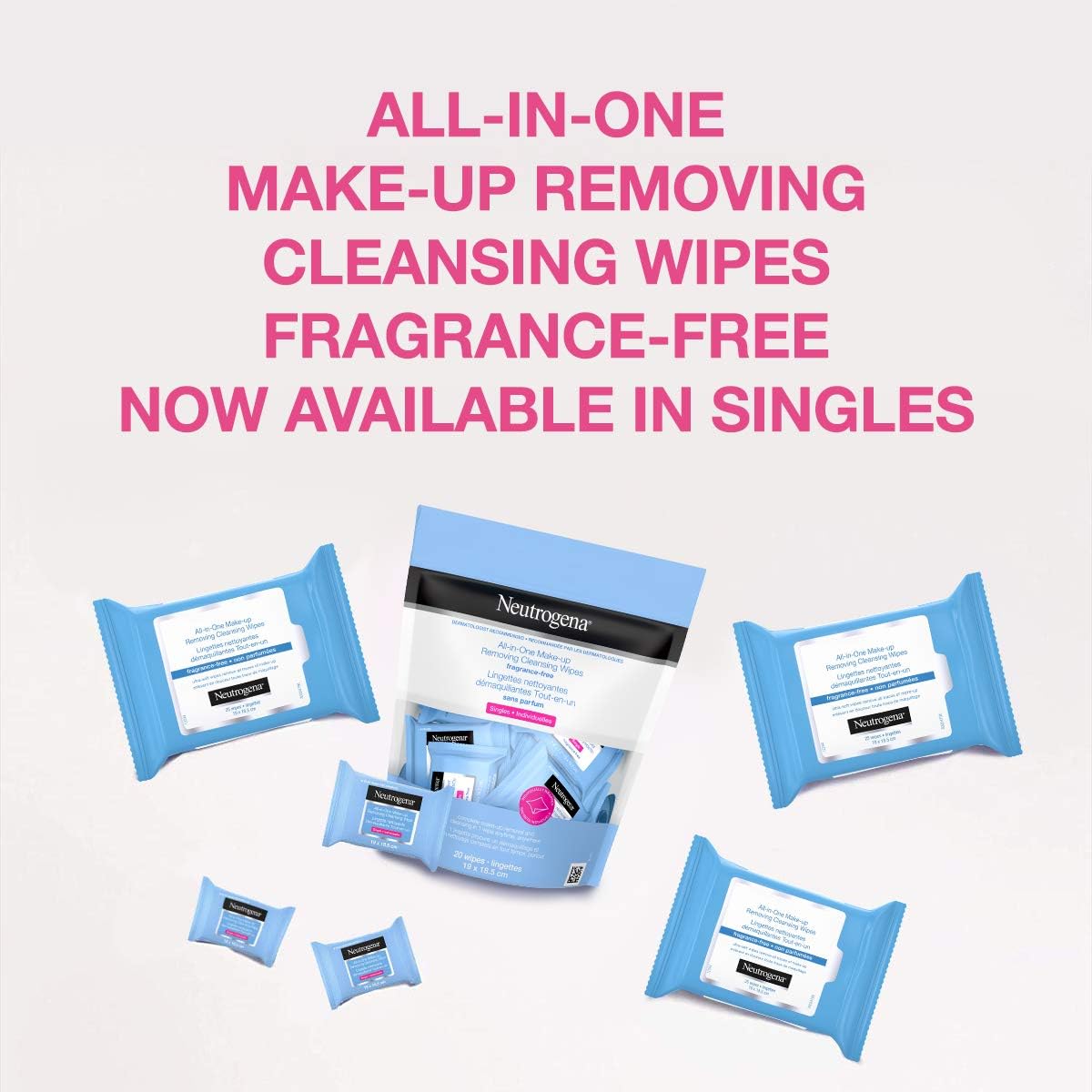 Neutrogena All-in-One Makeup Removing Cleansing Wipes, Waterproof Mascara Removal, Fragrance Free, Travel Pack, 20 Count
