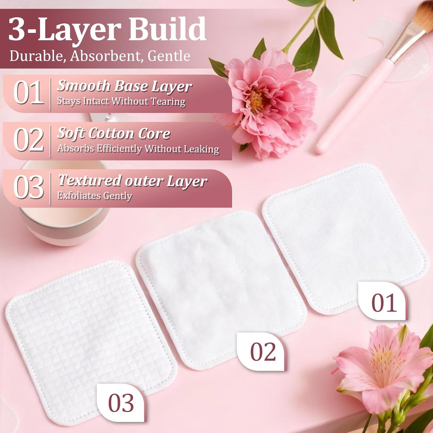 Large Cotton Pads for Face(150 count), Soft & Lint-Free Cotton Squares with Pressed Seam Design, Durable Cotton Rounds for Facial Cleansing and Makeup Removal, Gentle on Sensitive Skin & Eyes