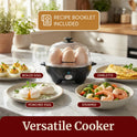 Elite Gourmet EGC-007B# Rapid Egg Cooker, 7 Easy-To-Peel, Hard, Medium, Soft Boiled Eggs, Poacher, Omelet Maker, Auto Shut-Off, Alarm, 16-Recipe Booklet, BPA-Free, Black
