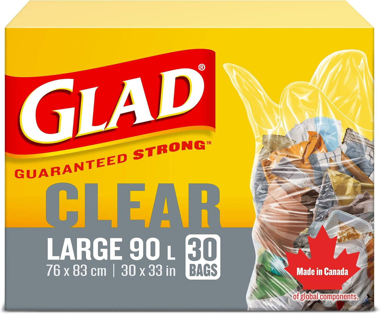 Glad Clear Garbage Bags - Large 90 Litres - 30 Trash Bags, Made in Canada of Global Components
