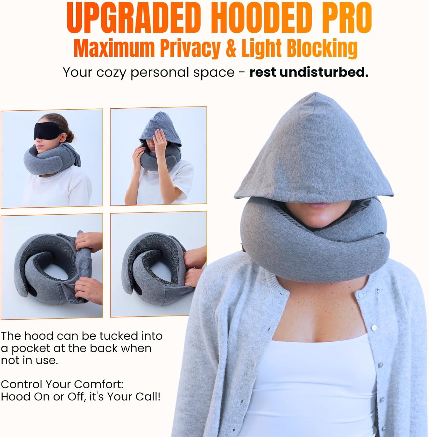 Hooded Pro Travel Pillow - Memory Foam Neck Support Pillow with Hood for Airplane, Flight - 100% Cotton Fabric, Maximum Privacy & Light-Block Design, Lightweight Full Travel Kit - Light Grey