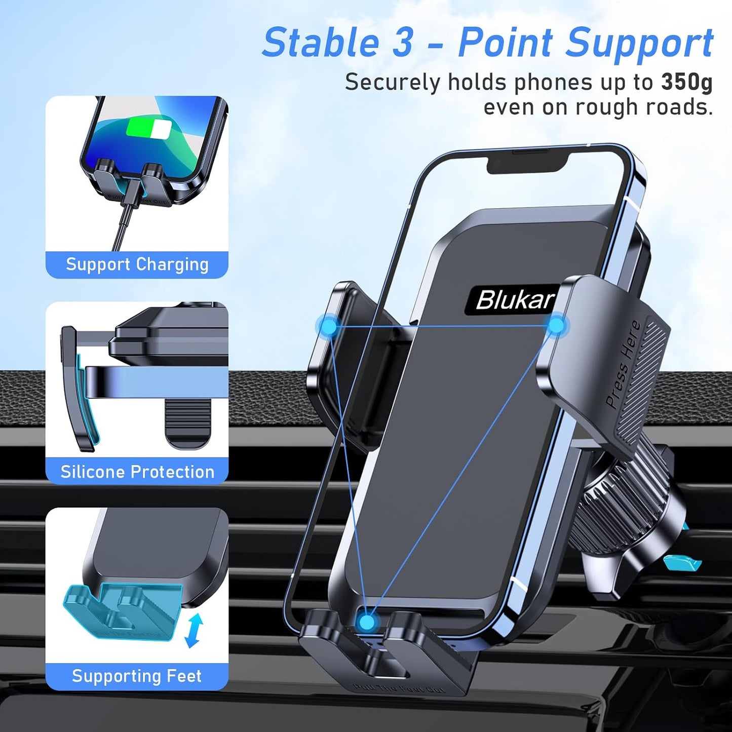 Blukar Phone Holder Car, Air Vent Car Phone Mount with Upgraded Ultra Stable Hook Clip, 360° Rotation, One Button Release Cellphone Holder for iPhone, Google, Galaxy and All Mobile Phones