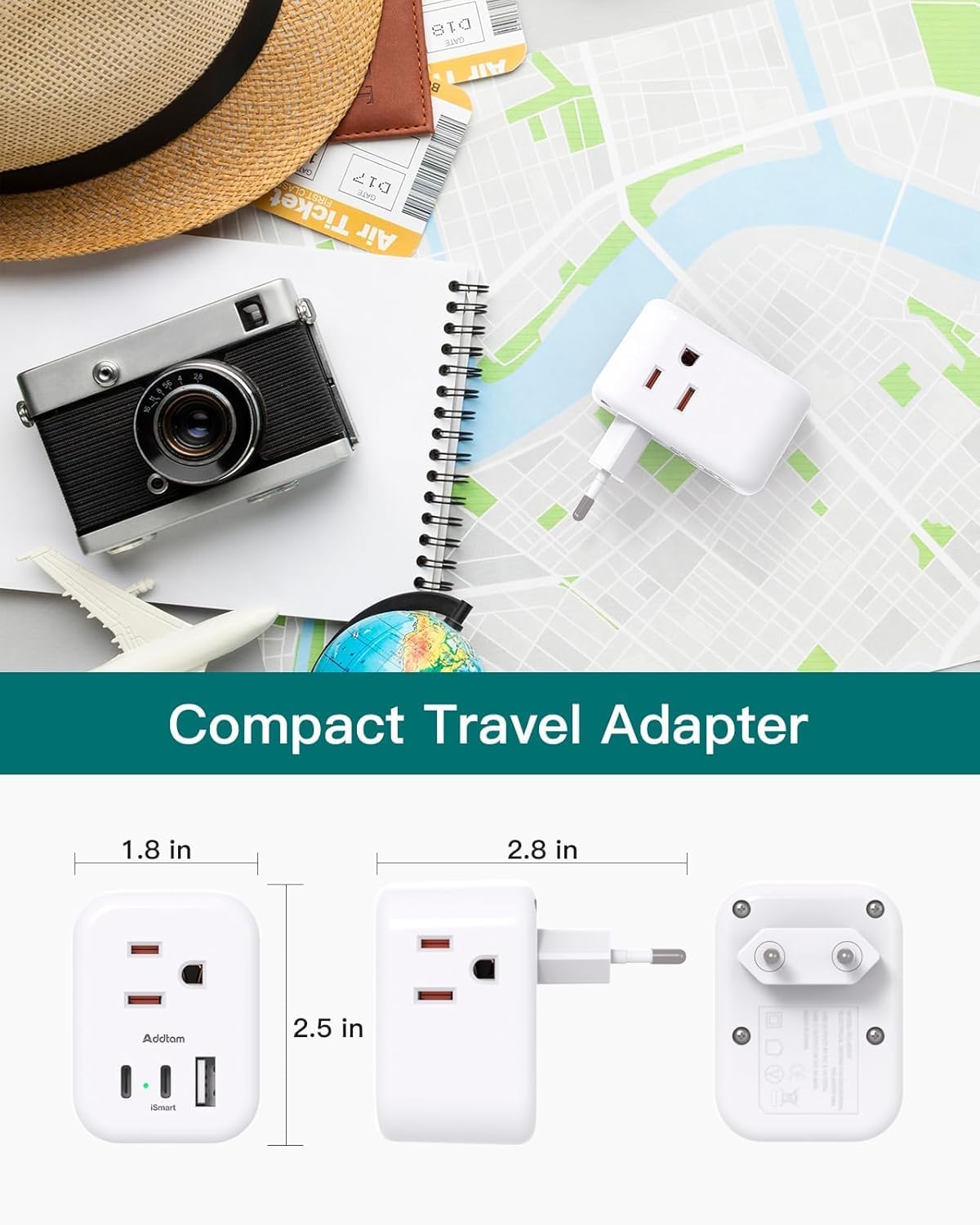 European Travel Plug Adapter, International Power Plug Adapter with 3 Outlets 3 USB Charging Ports(1 USB C), Travel Essentials to Italy,Greece,Israel,France, Spain (Type C)