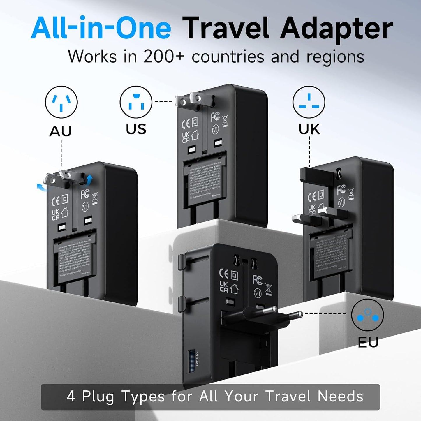 Mini Universal Travel Plug Adapter, 2026 Ultra-Thin PD 25W Fordable Travel Adapter with 1AC 1USB-A 2USB-C Ports,Smart Temperature Control, Worldwide EU/UK/AU/AS Plug Adapter for Travel