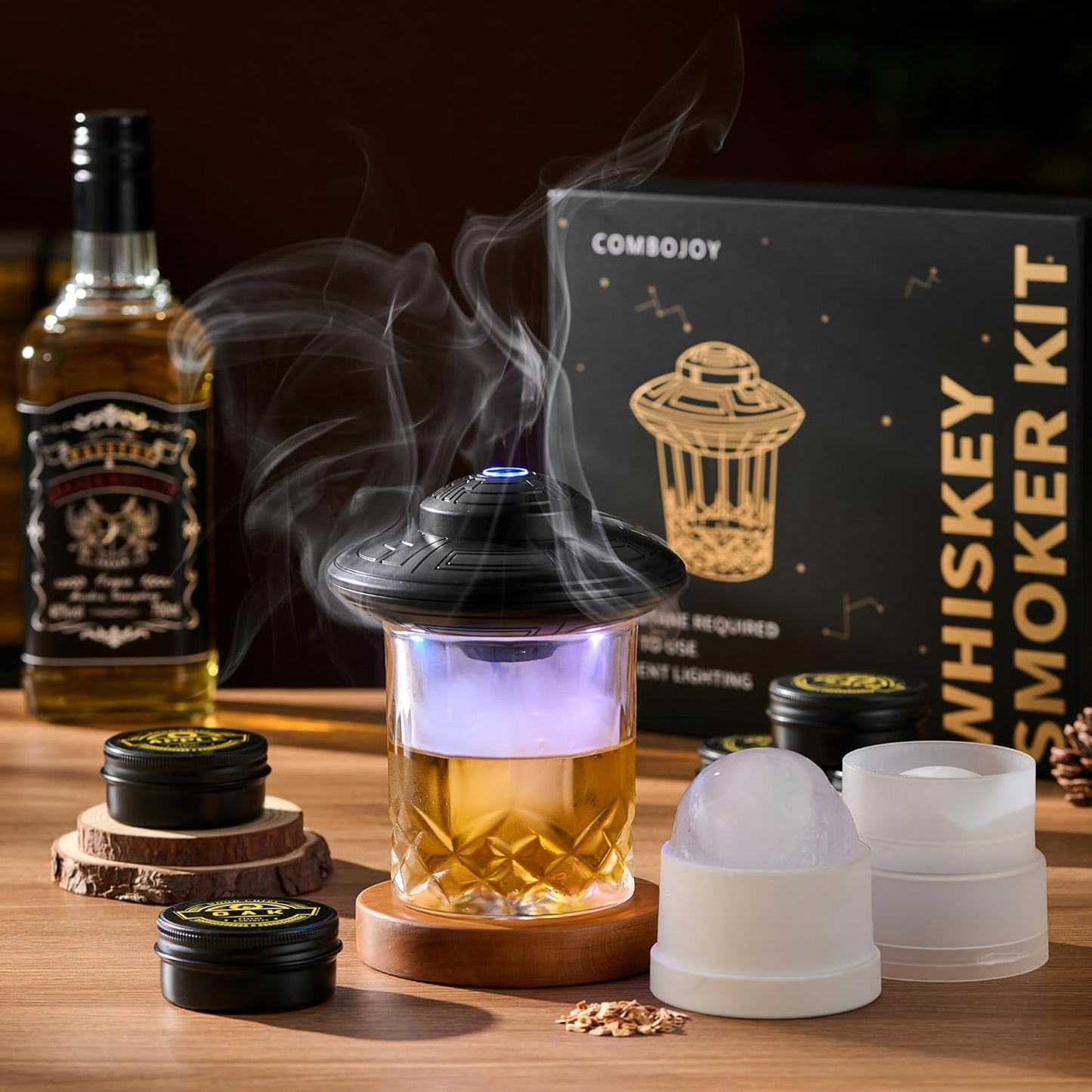 ComboJoy Electric Whiskey Smoker Kit with LED – 6 Flavors Wood Chips, Whiskey Glass & Ice Cube Mold – Rechargeable Cocktail Smoker, Old Fashioned Bourbon Gifts for Men, Dad, Husband -Black