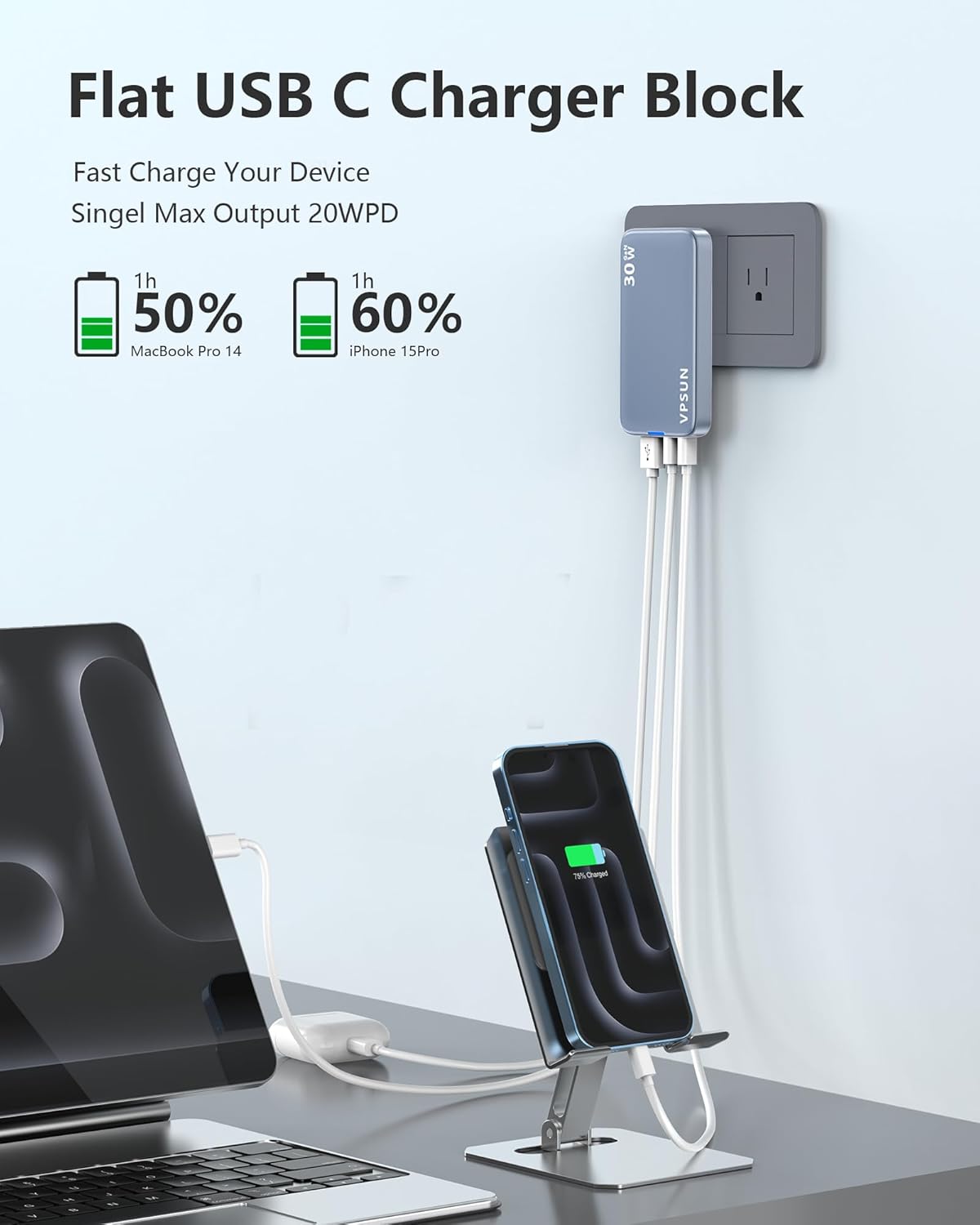 USB C Wall Charger Block 30W,3 Port Ultra Thin Flat USB-C Charging Plug,Foldable USB Power Adapter for iPad,iPhone 15/16,Samsung (Blue, 30W)