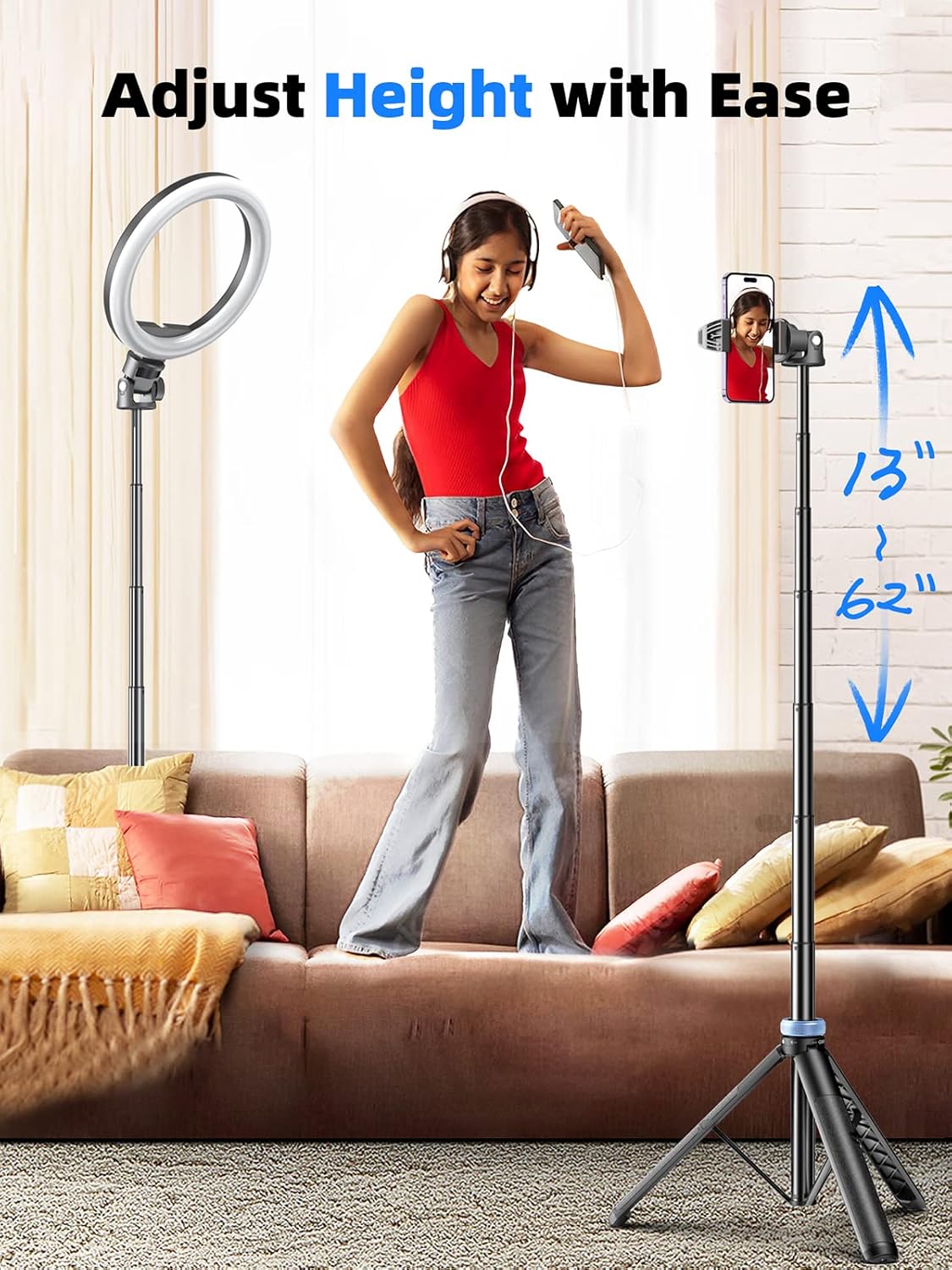 Kaiess 62" Phone Tripod, Selfie Stick Tripod & Phone Tripod Stand with Remote, Cell Phone Tripod for iPhone, Extendable Travel Tripod Compatible with iPhone/Android/Camera