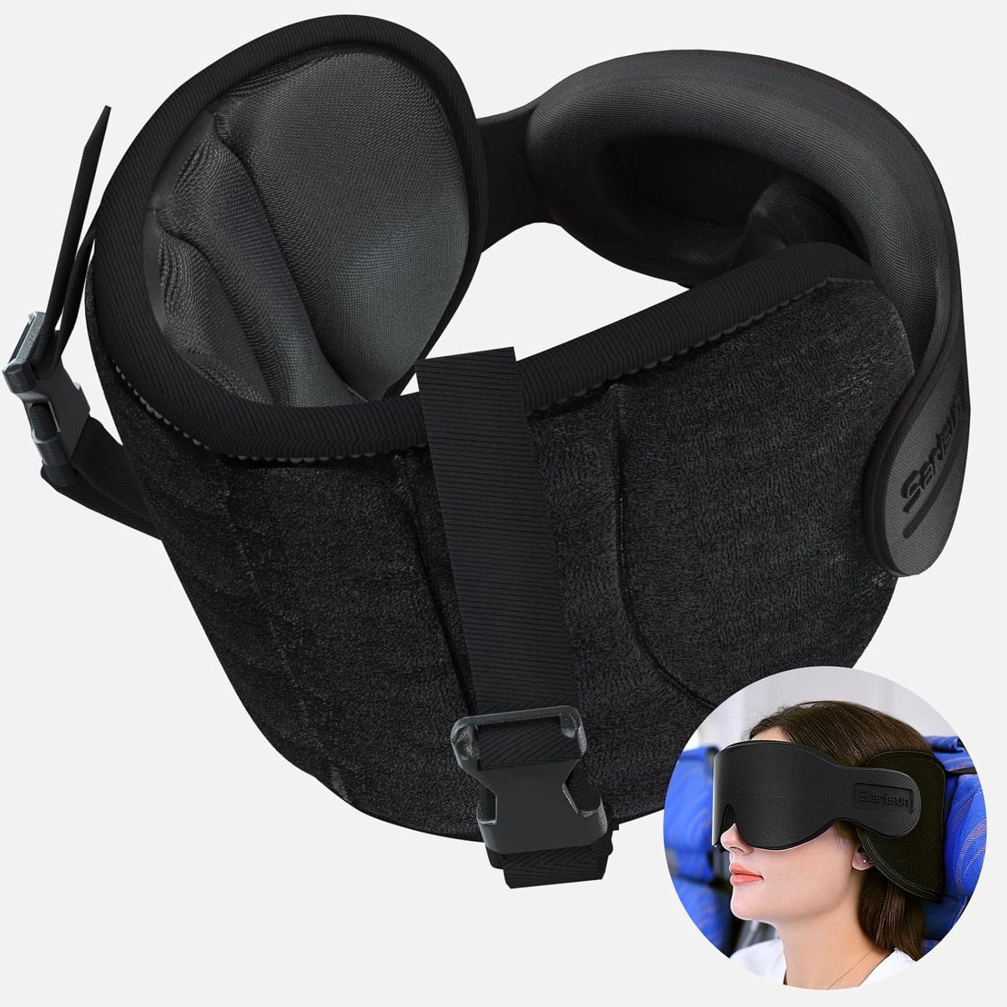 SARISUN Travel Pillow, Neck Pillow with Eye Mask, Airplane Pillow for Long Flight Sleeping Travel, Kids Travel Pillow for Car, Road Trip Car Headrest, Stop Bobblehead, Neck Pain Relief, Black