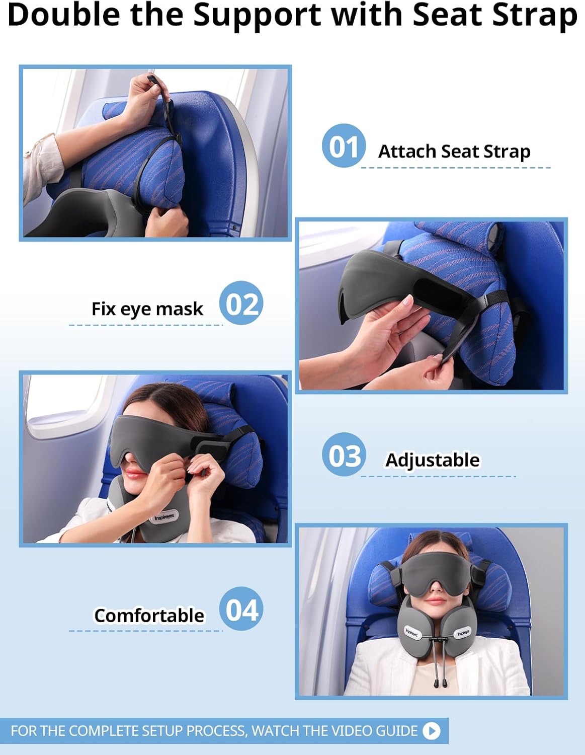 Inspireyes Neck Pillow, Travel Pillow with Seat Strap, 3D Sleep Mask, Dual Support Neck and Head, High Supportive Foam Airplane Pillow for Long Flight Road Trip, Stop Bobblehead Travel Essential, Grey